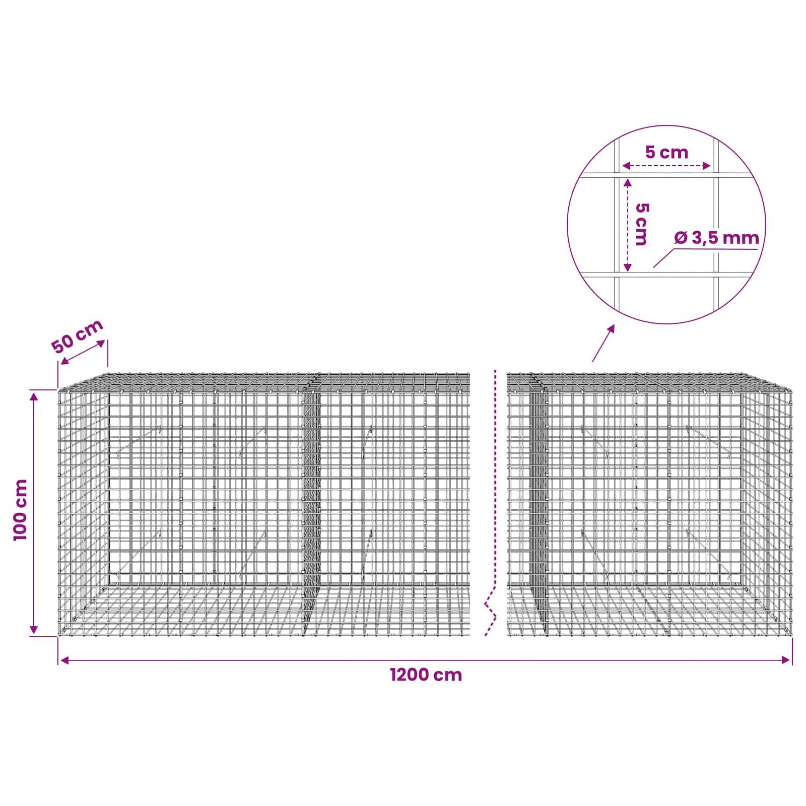 Drahtgeflecht-Gabionen-Dimensionsdiagramm: 1200 cm lang, 100 cm hoch, 50 cm tief, mit 5 cm Quadratmasche und 3,5 mm Drahtdurchmesser.