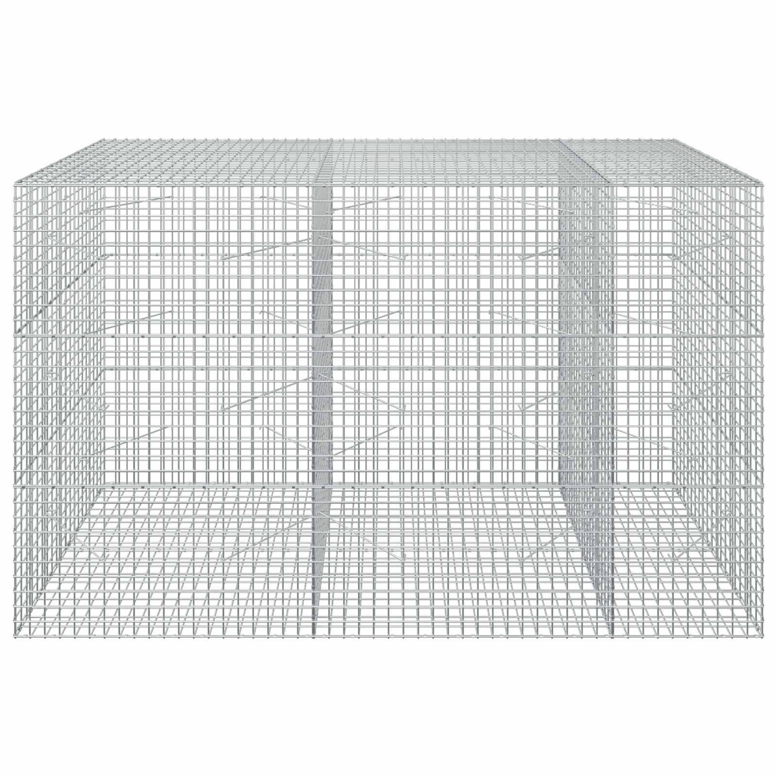 Drahtmodell eines 3D-rechteckigen Gehäuses, das eine käfigähnliche Box mit Gitterwänden, Boden und Decke zeigt, geteilt durch eine vertikale Innenwand.