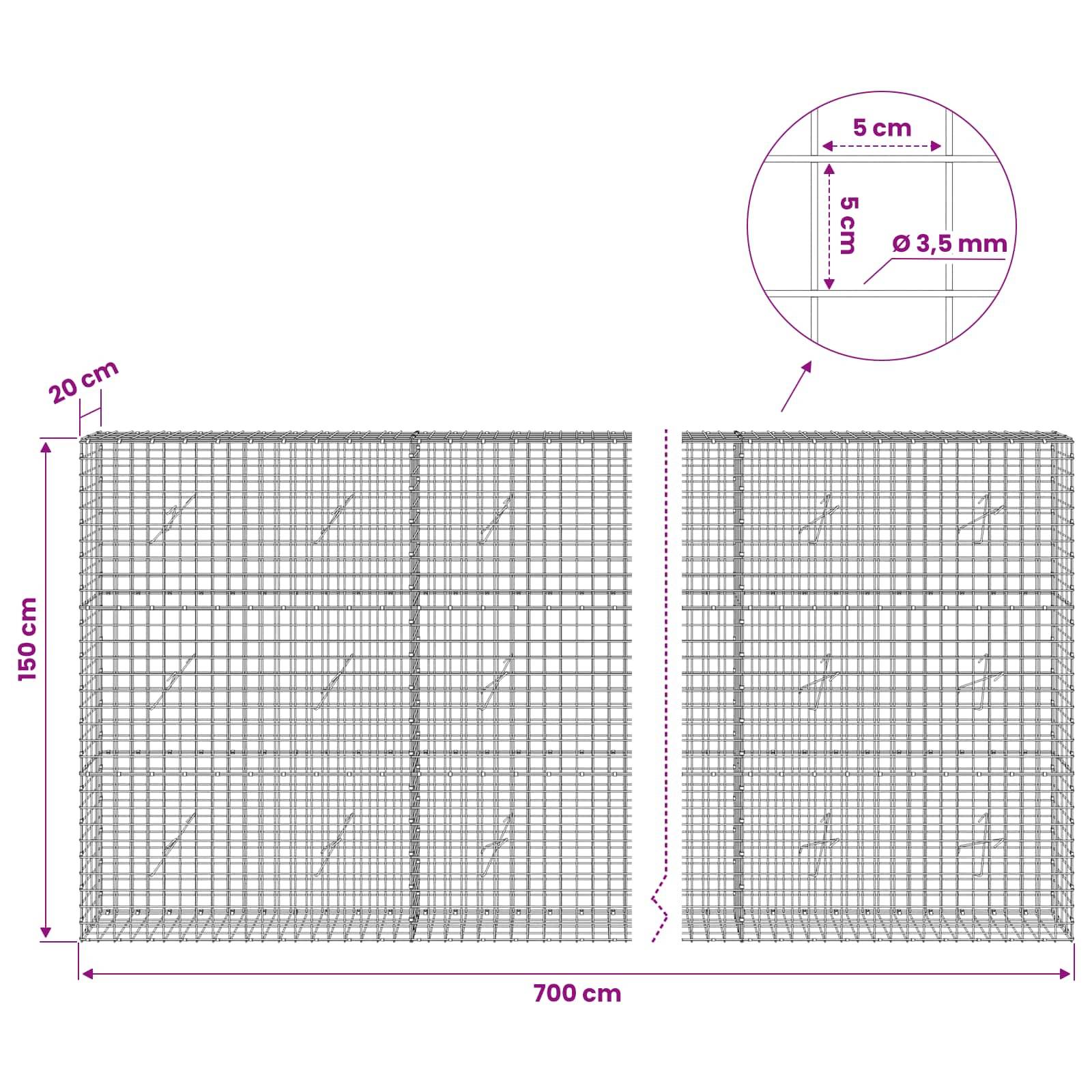 Technisches Diagramm von zwei verschweißten Drahtgitterpaneln, 150 cm hoch und 700 cm Gesamtbreite, mit 20 cm Panelkante und 5 cm x 5 cm Gitter mit 3,5 mm Draht