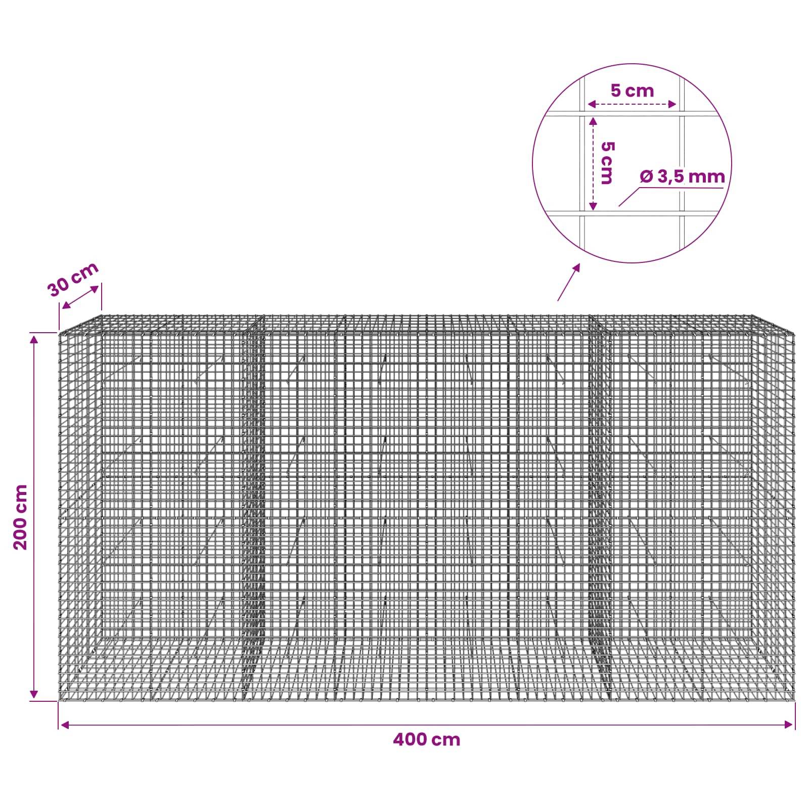 Technische Zeichnung eines Drahtschotterkastens, 400 cm breit, 200 cm hoch, 30 cm tief, mit Maschenöffnungen von 5 cm mal 5 cm und einem Drahtdurchmesser von 3,5 mm.