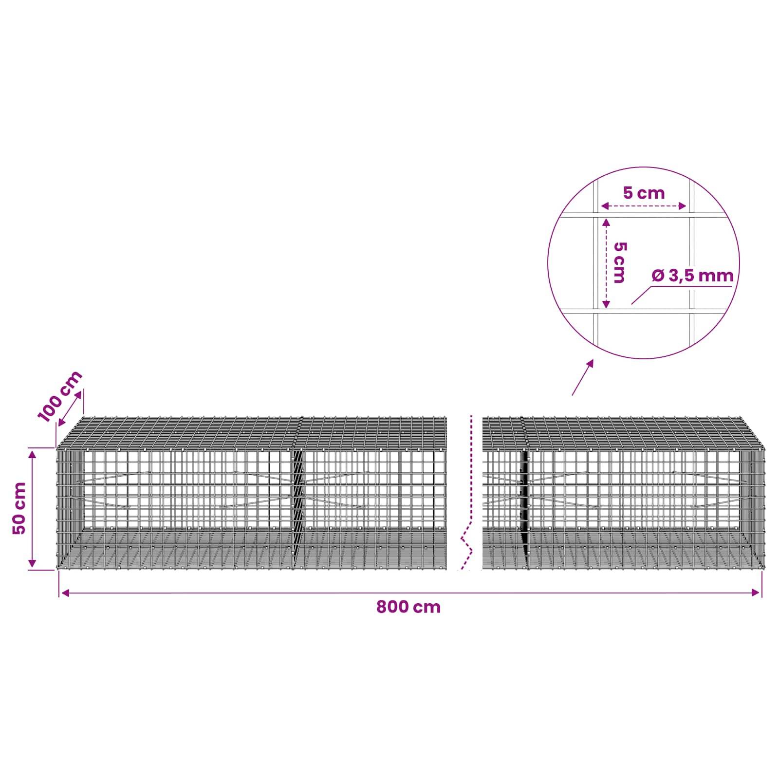 Diagramm eines Drahtkorbgitters, das in zwei Abschnitte unterteilt ist, mit einer Länge von 800 cm, einer Höhe von 50 cm und einer Tiefe von 100 cm, mit einem Maschenweite von 5 cm und einem Drahtdurchmesser von 3,5 mm.