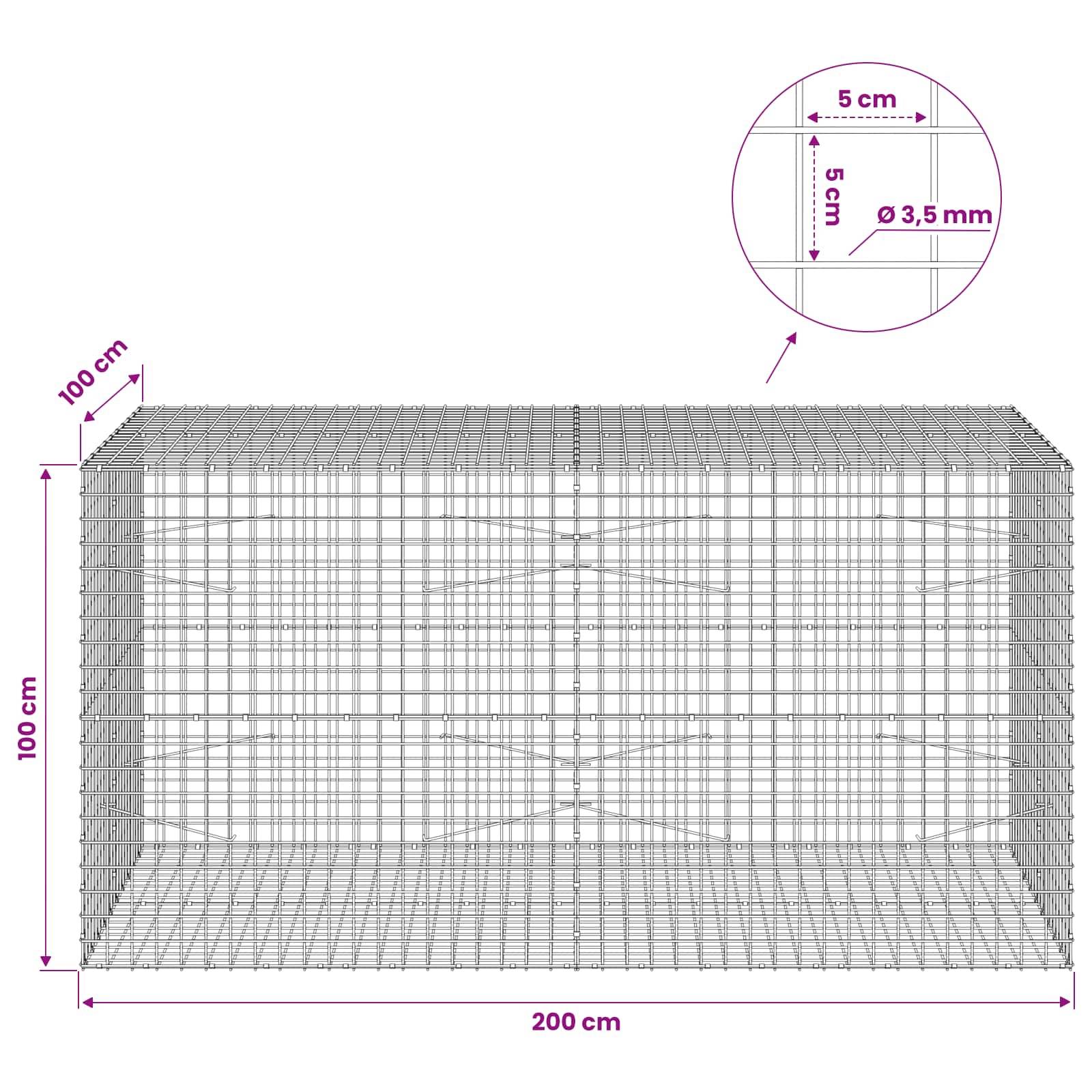 Drahtgeflecht-Gabionenkörper-Diagramm mit einer Breite von 200 cm, einer Höhe von 100 cm und einer Tiefe von 100 cm, mit einem 5-cm-Gitter und einem Drahtdurchmesser von 3,5 mm in der Vergrößerung.