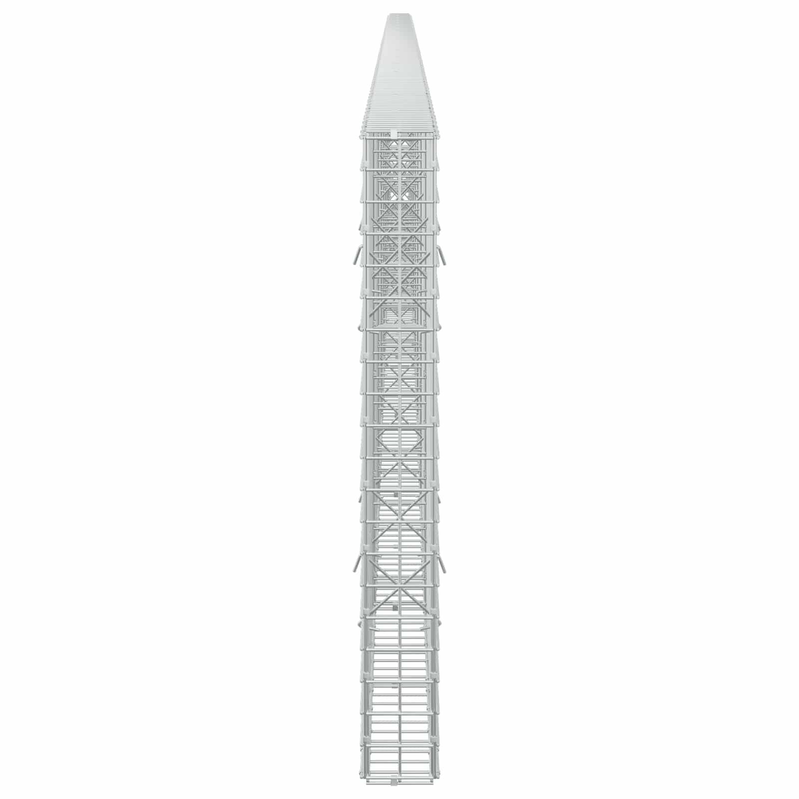 Hoher weißer Industrieturm oder Schornstein, isoliert auf einfachem Hintergrund dargestellt, von vorne von oben nach unten betrachtet.