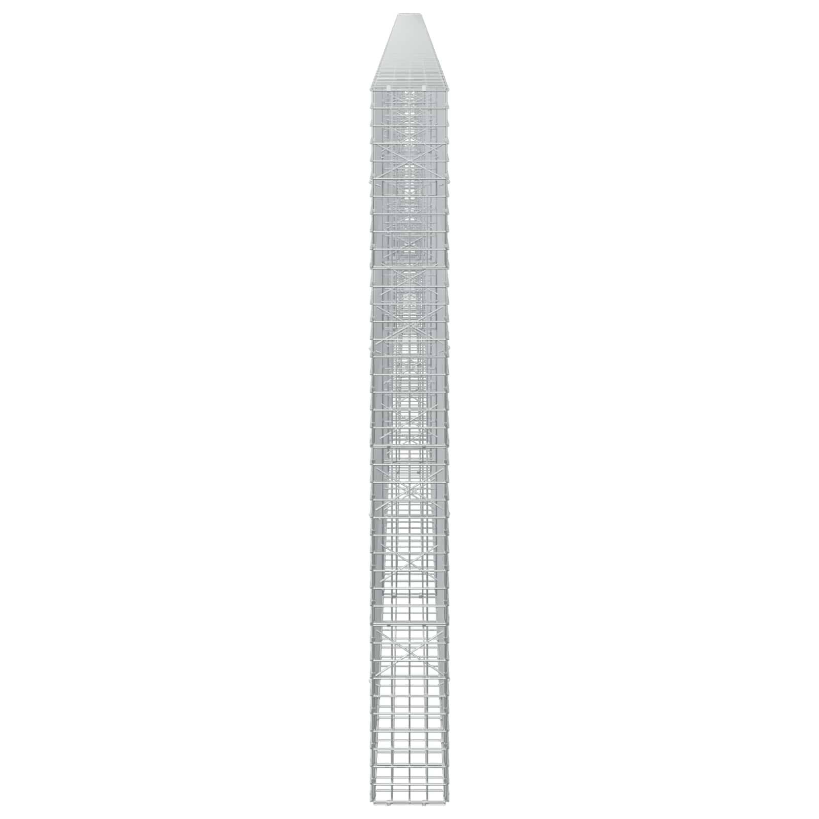 Ein hoher, schmaler grauer Gitterturn oder Mast mit einer spitzen Spitze, zentriert auf weißem Hintergrund dargestellt.