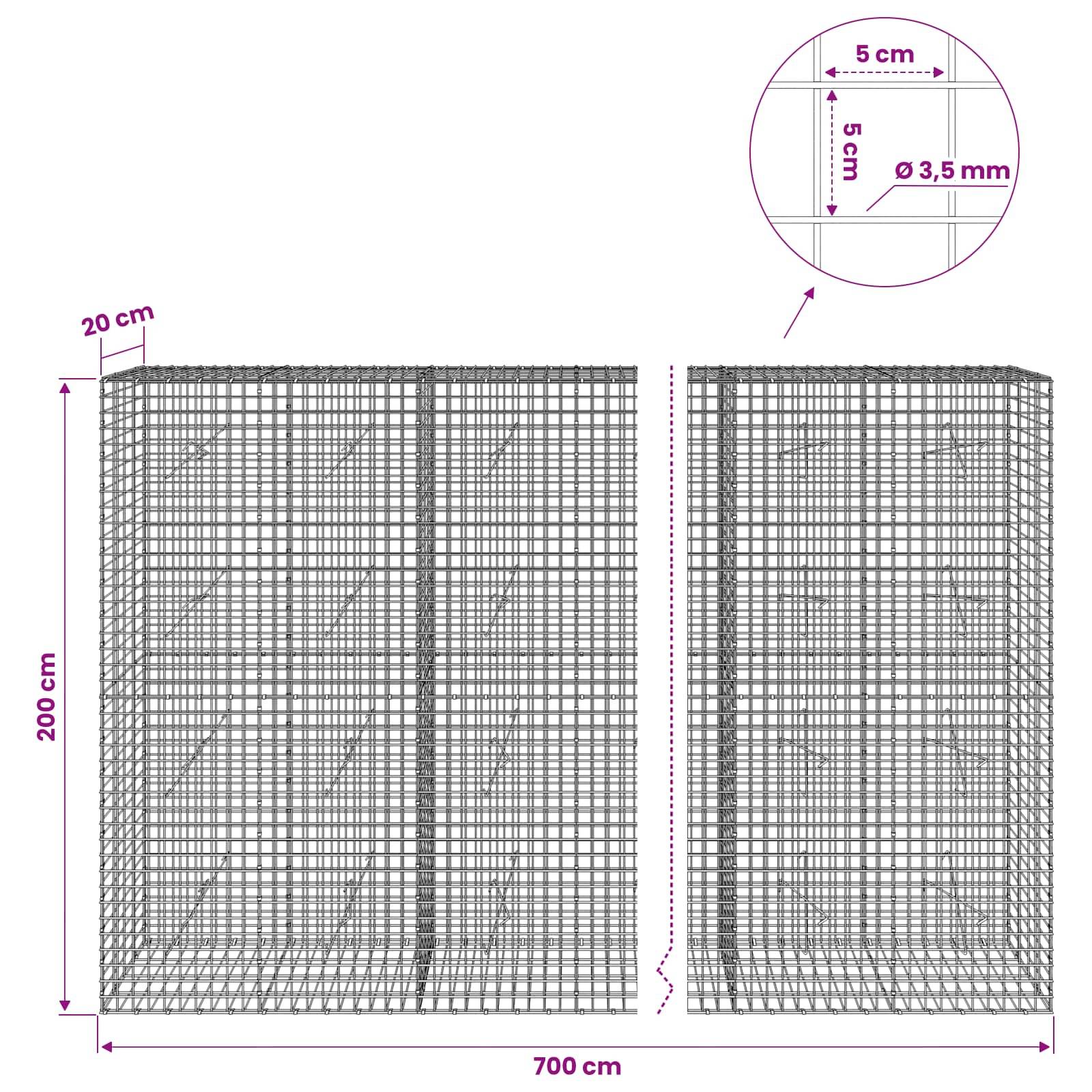 Diagramm eines Drahtkorbgabionenkäfigs mit Abmessungen: 700 cm breit, 200 cm hoch, 20 cm tief, mit 5 cm x 5 cm Maschenweite und 3,5 mm Draht.