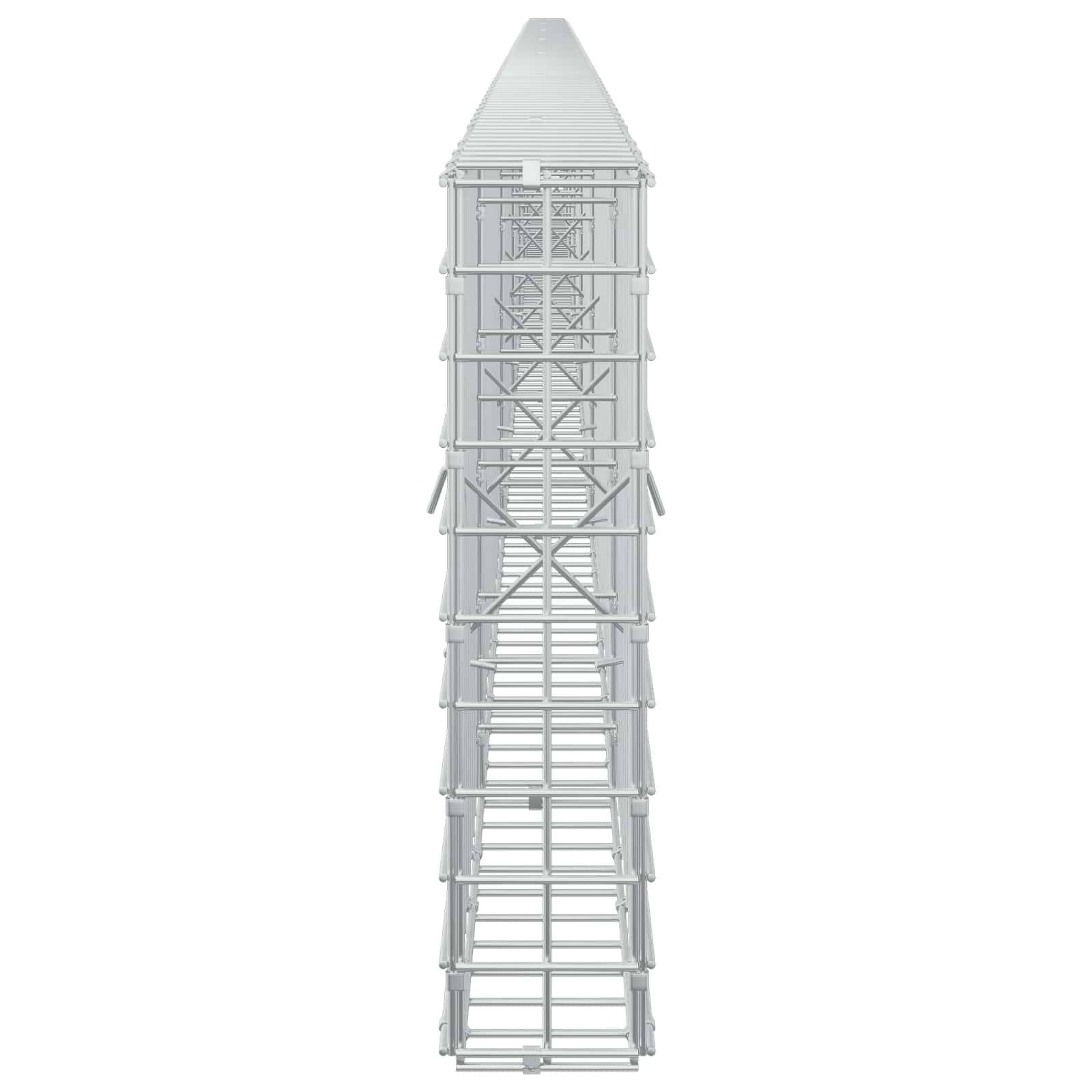 Hoher grauer Gitterturm oder Gerüststruktur mit verjüngter Spitze, Vorderansicht auf einfachem weißem Hintergrund.