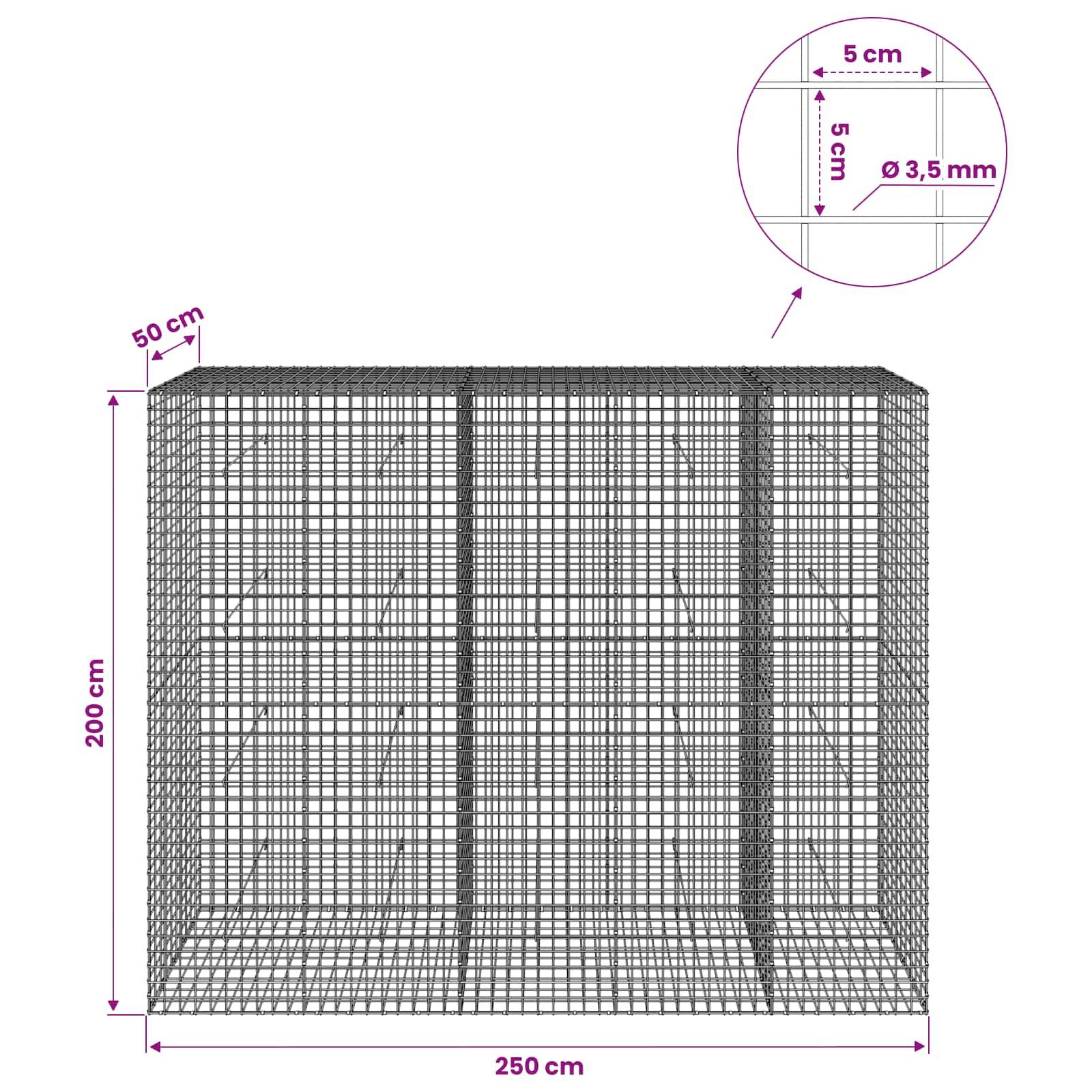 Diagramm eines Drahtgittergehäuses mit einer Breite von 250 cm und einer Höhe von 200 cm, einer Tiefe von 50 cm und einer Nahaufnahme mit 5 cm Gitterabstand und 3,5 mm Drahtdicke.