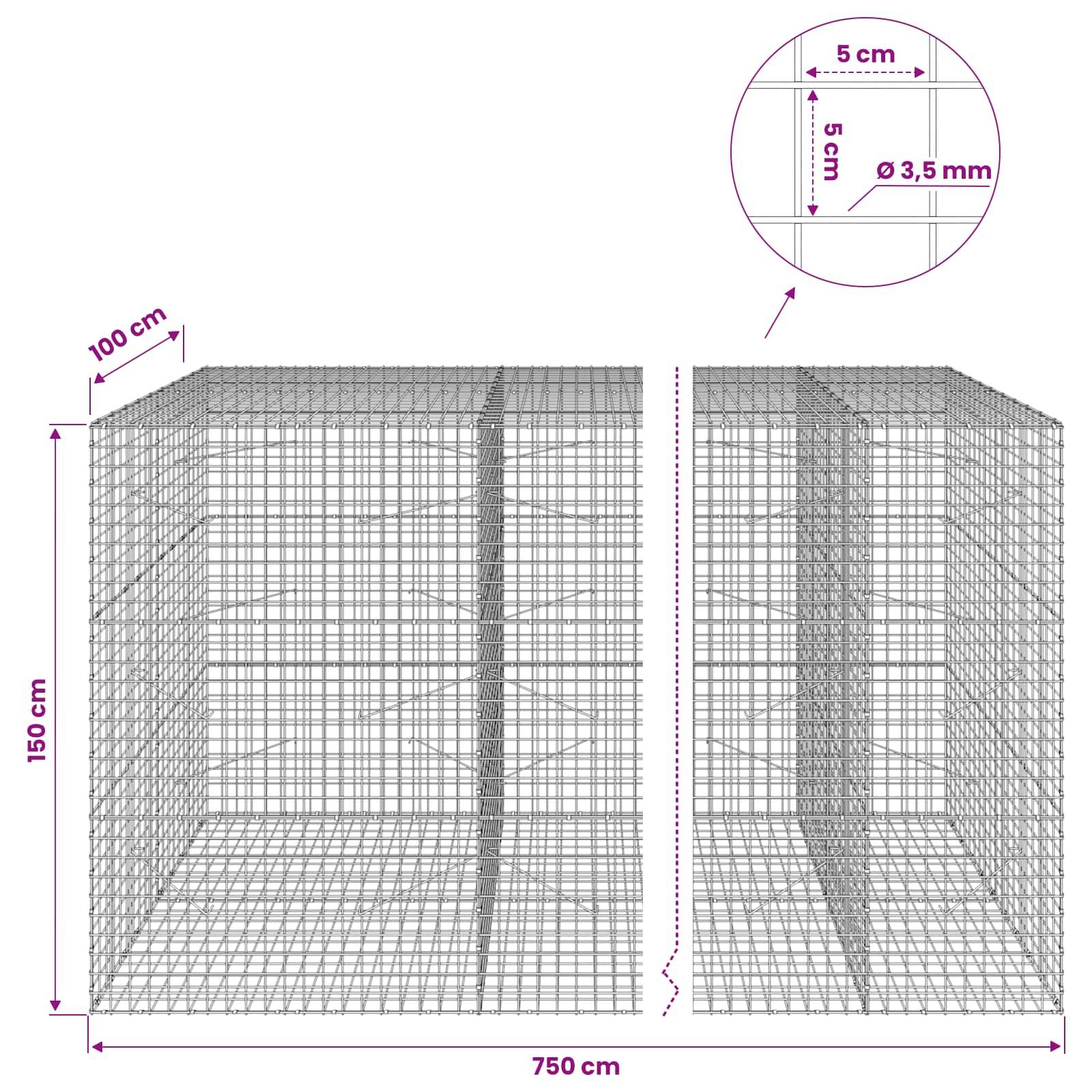 Drahtgeflecht-Gabionenkorbdiagramm mit Abmessungen: 750 cm breit, 150 cm hoch, 100 cm tief, mit 5 cm Maschenabstand und 3,5 mm Drahtdicke.