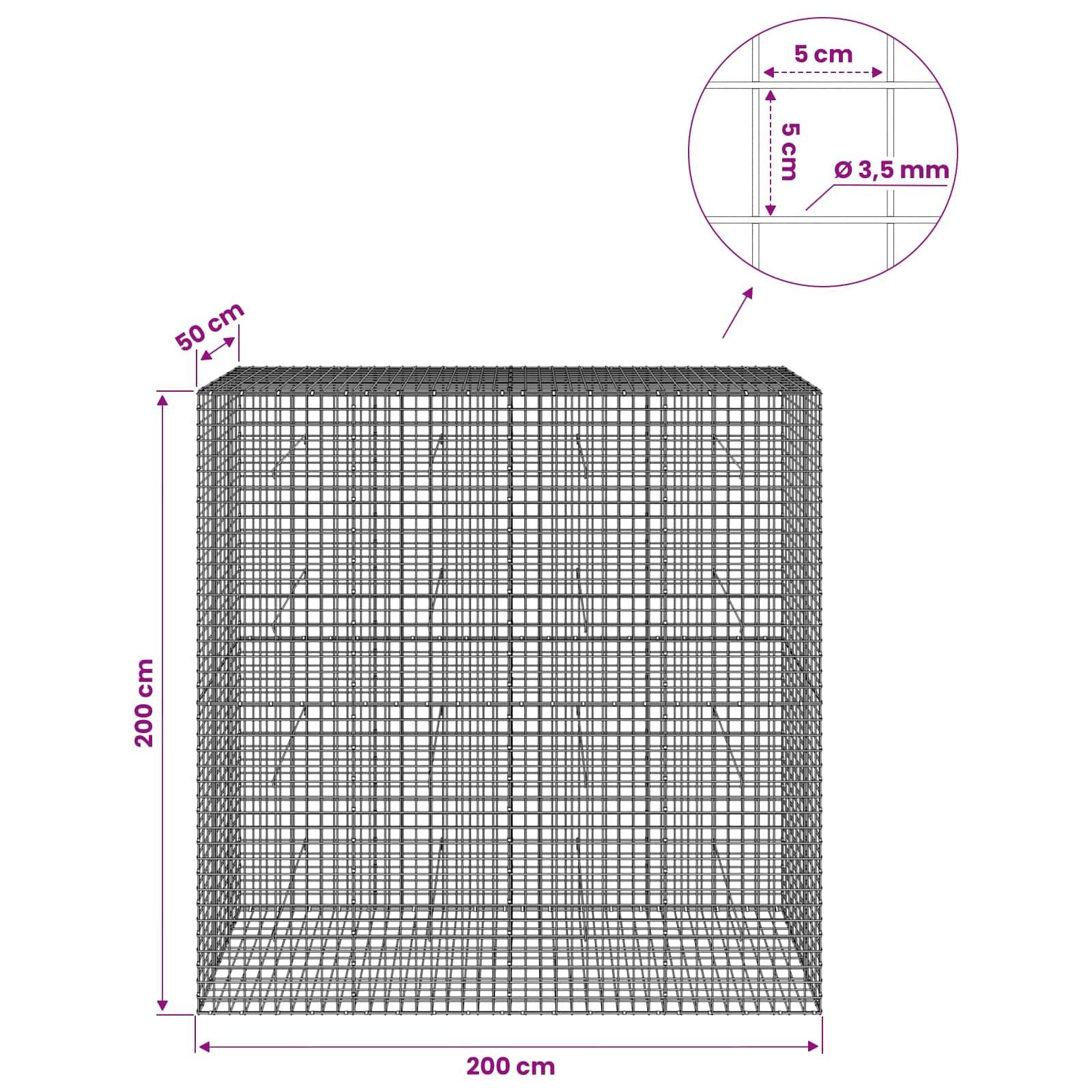 Drahtgeflecht-Käfig-Diagramm mit einem 200 cm breiten, 200 cm hohen, 50 cm tiefen Gehäuse; Ausschnitt zeigt Maschenweite 5 cm x 5 cm mit 3,5 mm Drahtdurchmesser.