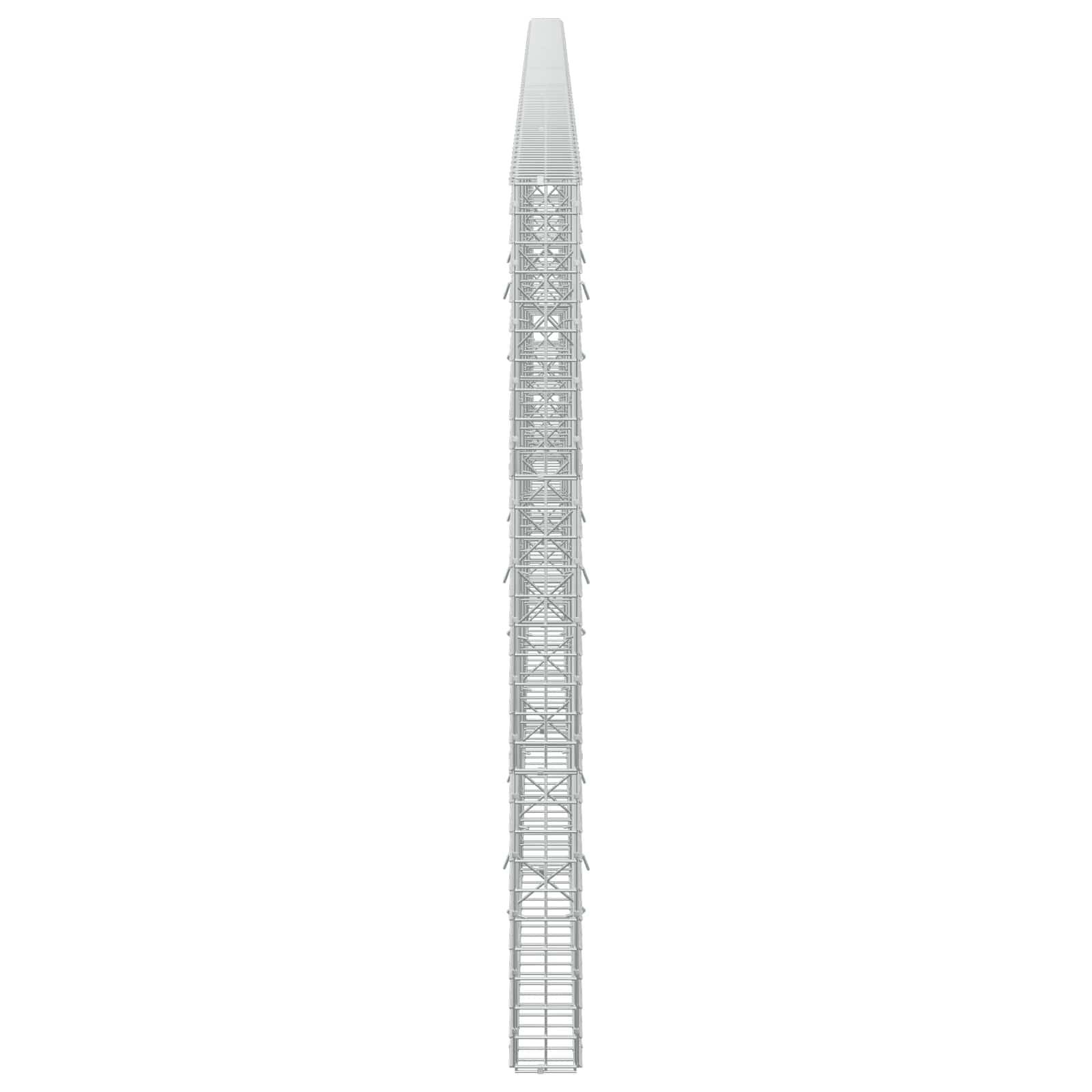 Hoher, schmaler grauer Metallturm oder Mast, isoliert auf weißem Hintergrund dargestellt, mit verjüngter Spitze und Gitterunterstützungsstruktur.