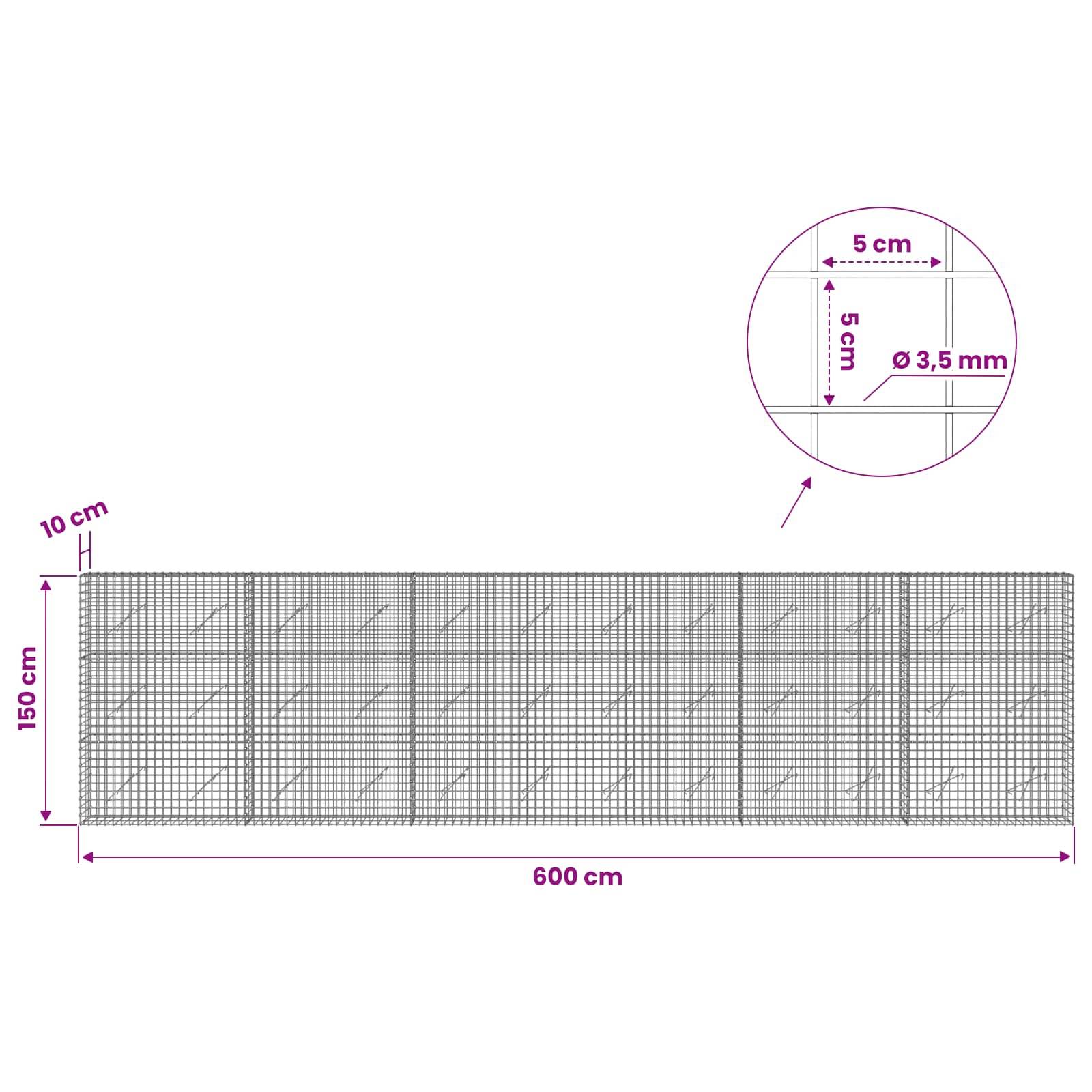 Diagramm eines Drahtgitterpanels: 600 cm breit und 150 cm hoch, mit 10 cm Maschenweite und 3,5 mm Drahtdicke in detaillierter Vergrößerung dargestellt.
