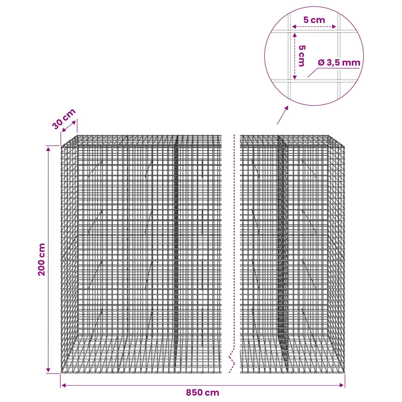Diagramm eines Drahtkörben-Gabions, das einen großen rechteckigen Käfig zeigt, der 200 cm hoch, 850 cm breit und 30 cm tief ist, mit einem 5 cm Gitterabstand und einem Drahtdurchmesser von 3,5 mm.