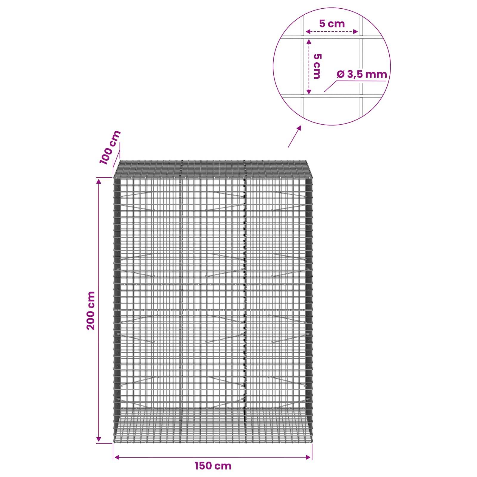 Drahtgeflecht-Gabionenkorbdiagramm mit Abmessungen 150 cm breit, 200 cm hoch, 100 cm tief und Ausschnitt mit 5 cm Gitter und 3,5 mm Drahtdurchmesser.