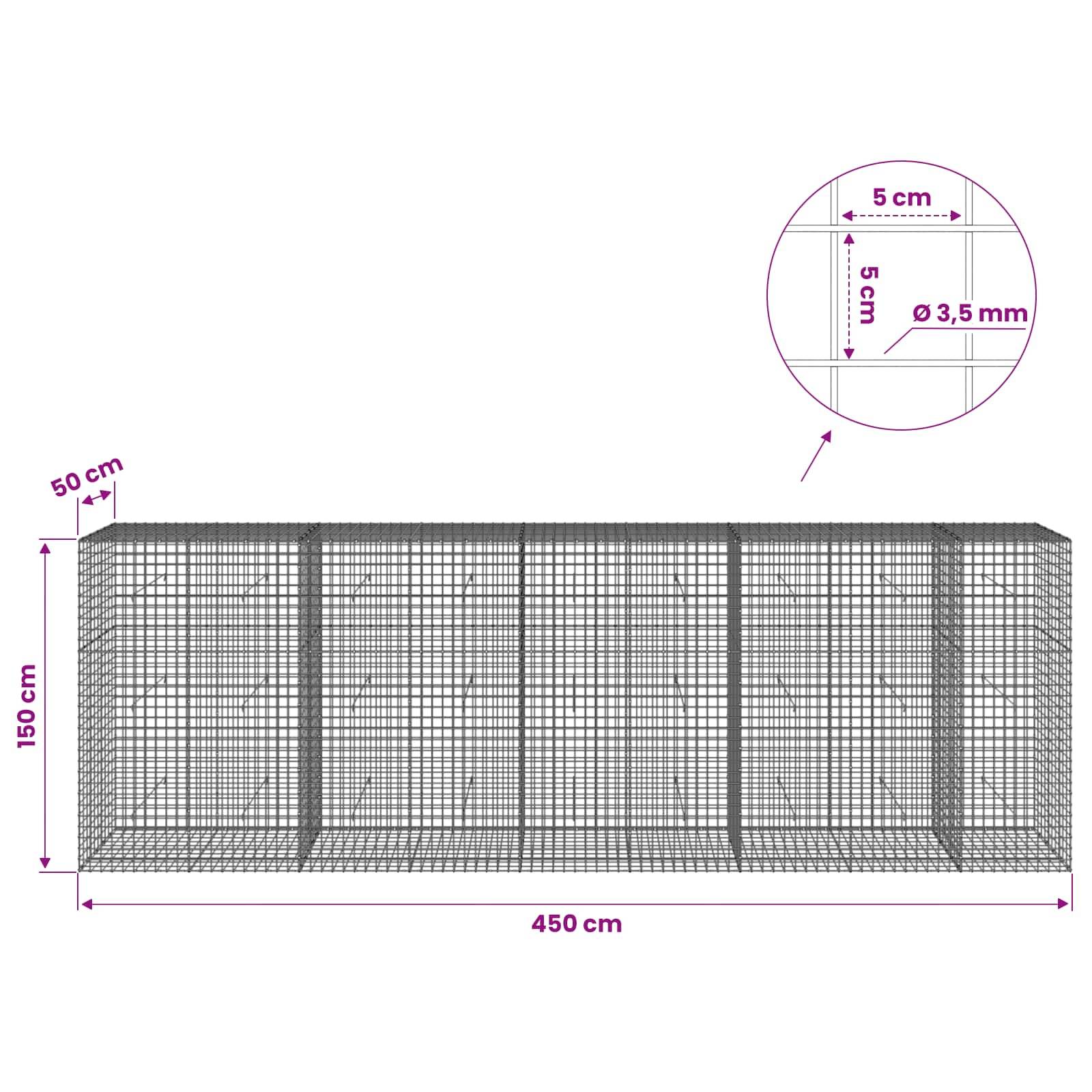 Technische Zeichnung eines Drahtnetzgeheuses: 450 cm lang, 150 cm hoch, 50 cm tief, mit 5 cm Maschenweite und 3,5 mm Drahtdurchmesser.