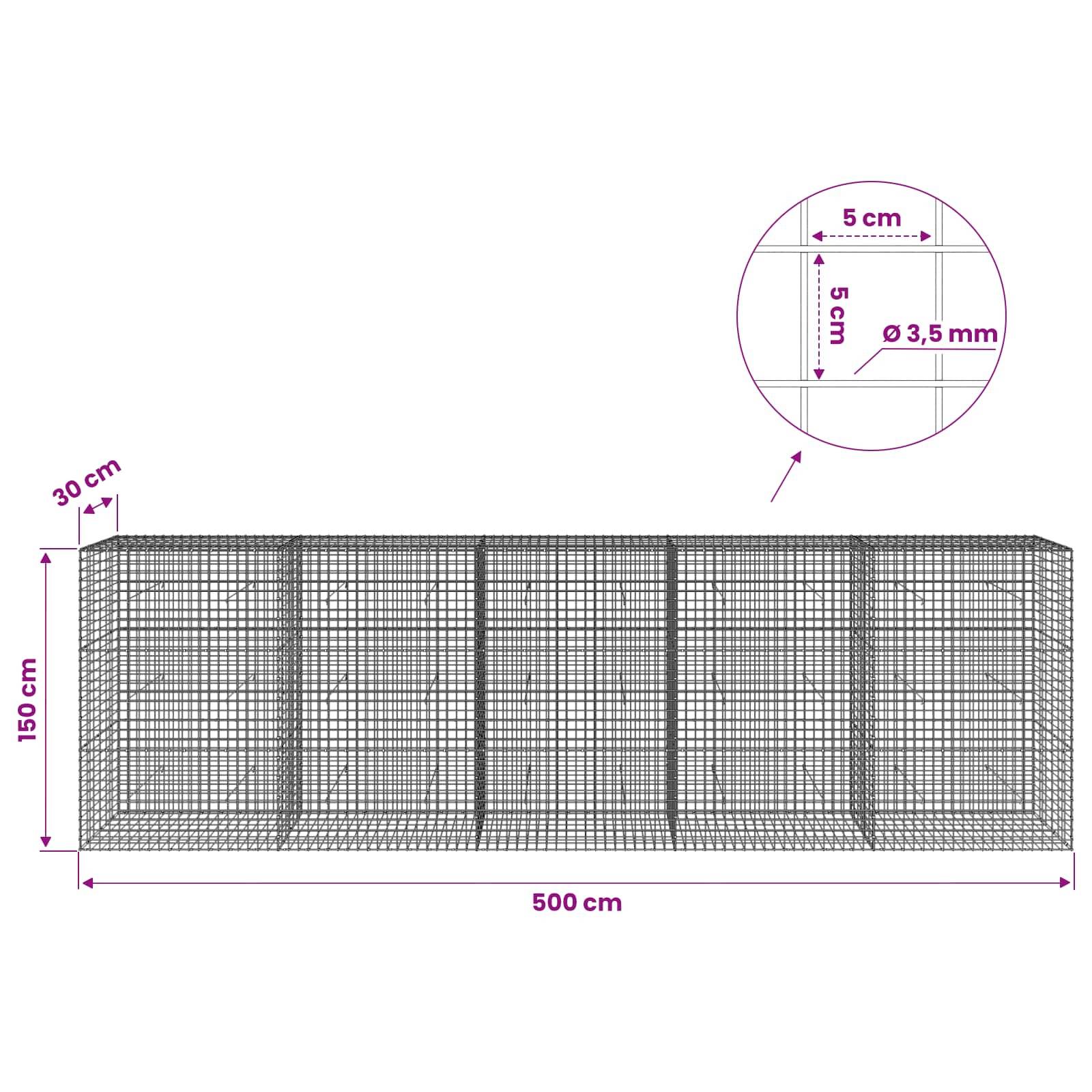 Technische Zeichnung eines Drahtgittergehauses, 500 cm lang, 150 cm hoch, 30 cm tief, mit 5 cm Gitter und 3,5 mm Drahtdurchmesser Detail.