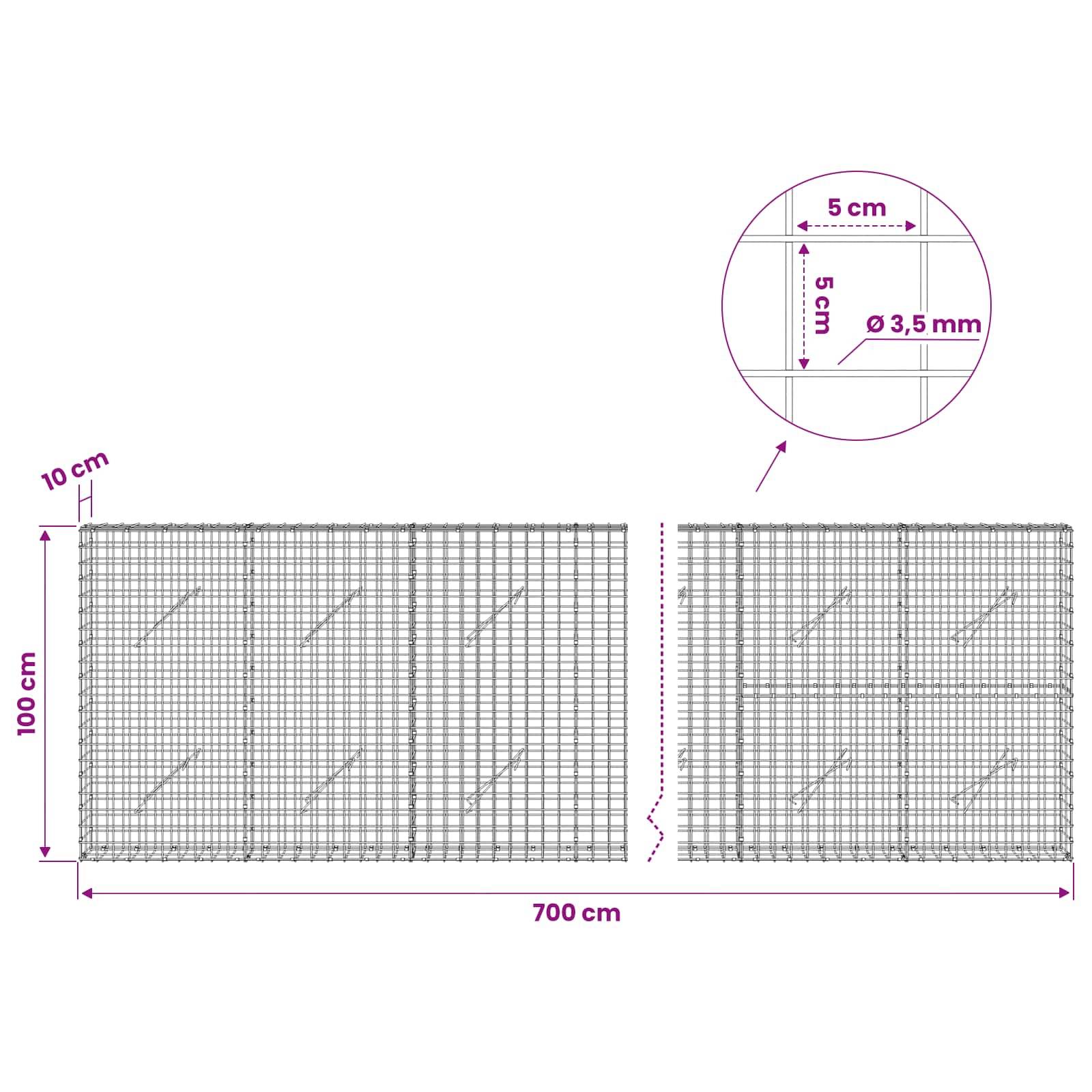 Diagramm eines Maschendrahtzaun-Paneels: 700 cm breit, 100 cm hoch, mit 10 cm Abstand und 3,5 mm Drahtdurchmesser; Ausschnitt zeigt 5 cm x 5 cm Maschenöffnung.
