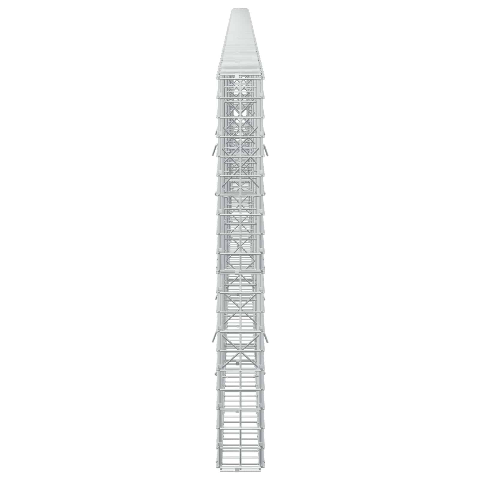 Hoher, schmaler weißer Gitterturm oder Mast, vertikal auf einfachem weißem Hintergrund gezeigt, mit konischer Spitze und segmentiertem Tragwerk.