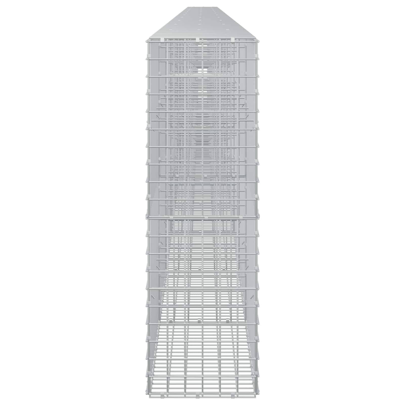 Hohes graues Drahtgitter-Turm- oder Käfigmodell in der Mitte auf weißem Hintergrund gezeigt, mit verjüngter Oberseite und offenen Gitterseiten.