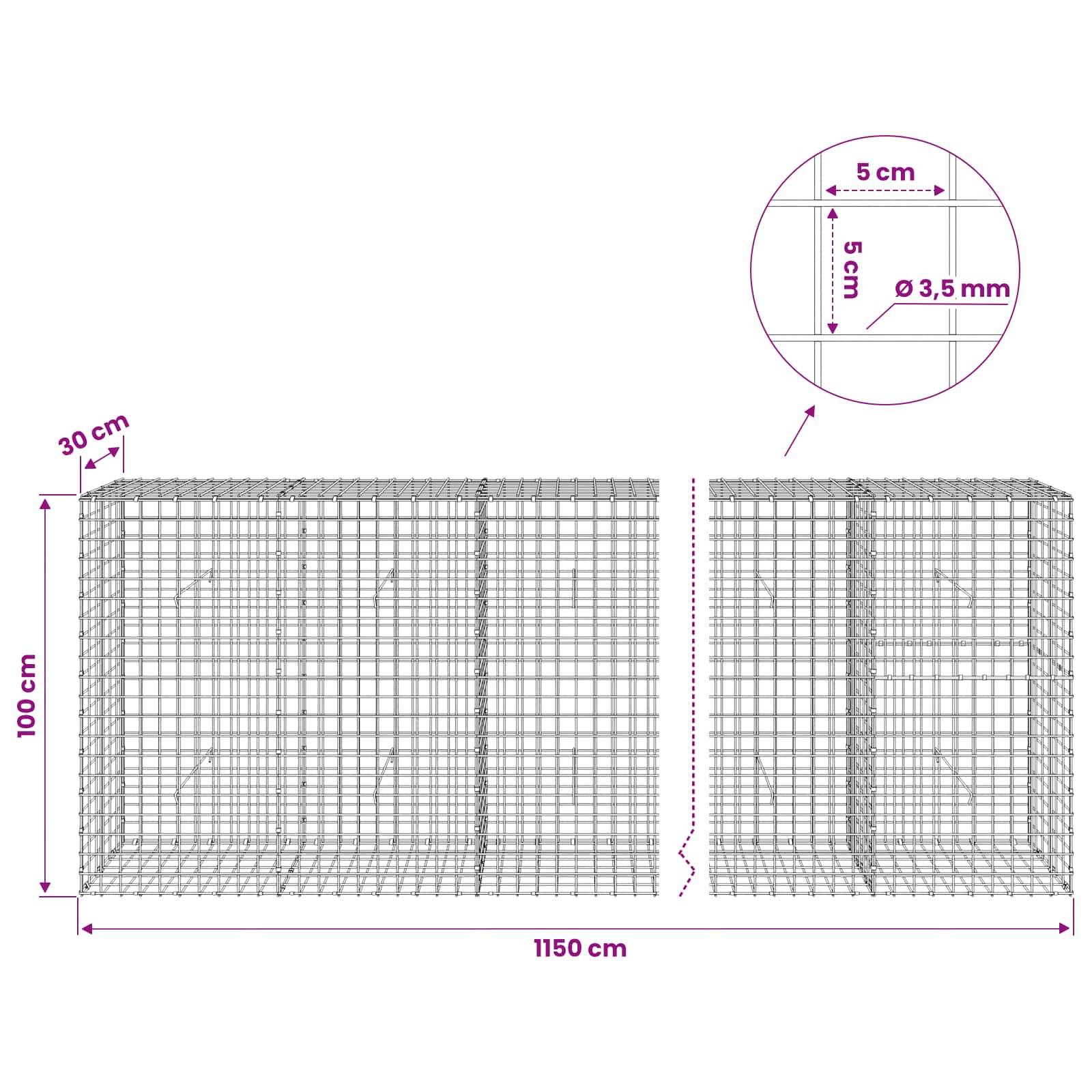 Drahtgeflecht-Gabionenkorbdiagramm mit zwei verbundenen rechteckigen Abschnitten, 1150 cm lang, 100 cm hoch, 30 cm tief; Ausschnitt zeigt 5 cm Raster und 3,5 mm Drahtdurchmesser.
