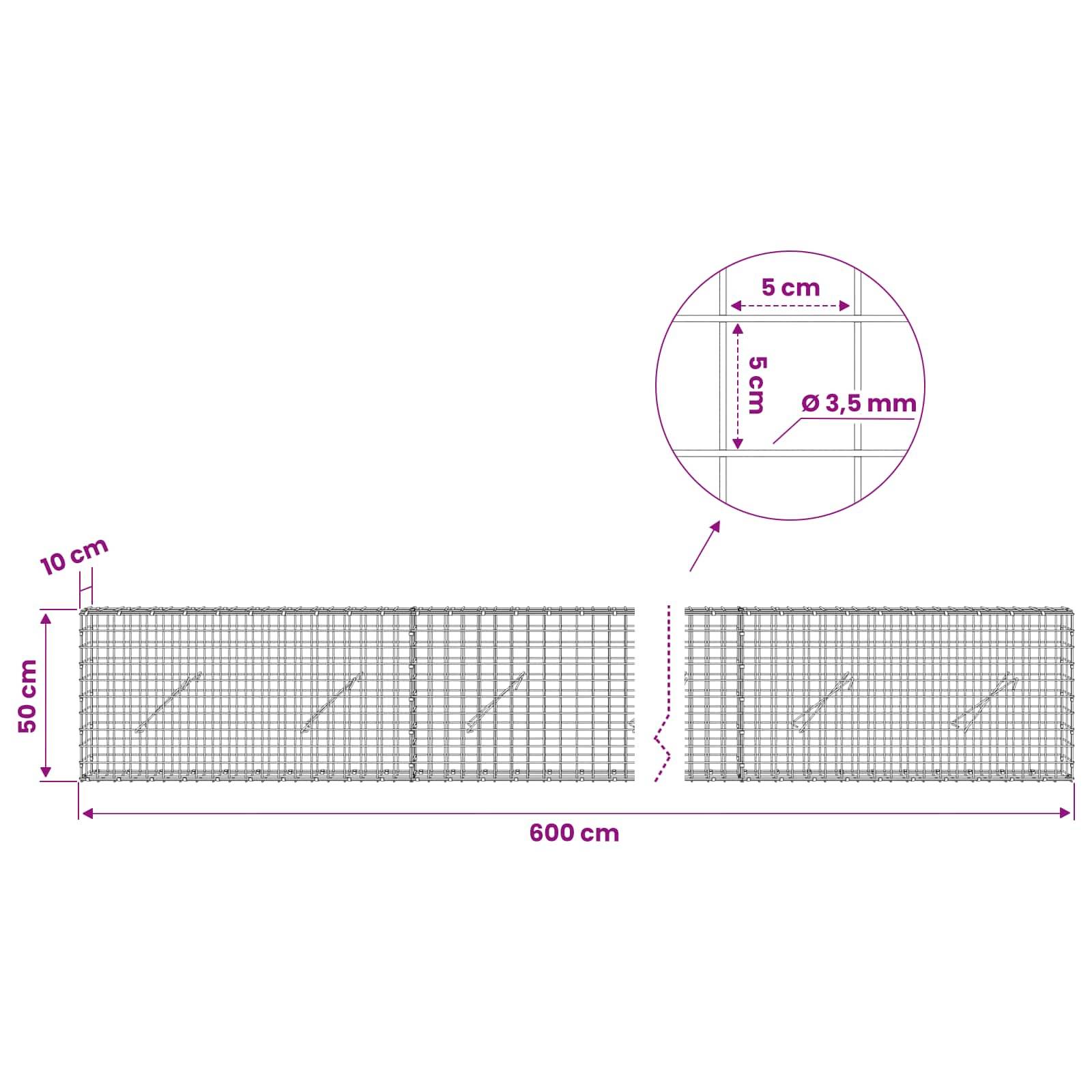 Diagramm eines Maschendrahtzaun-Panels mit einer Gesamtgröße von 600 cm x 50 cm, mit 10 cm Abstand und einer Detail-Legende, die 5 cm x 5 cm Öffnungen und einen Drahtdurchmesser von 3,5 mm markiert.