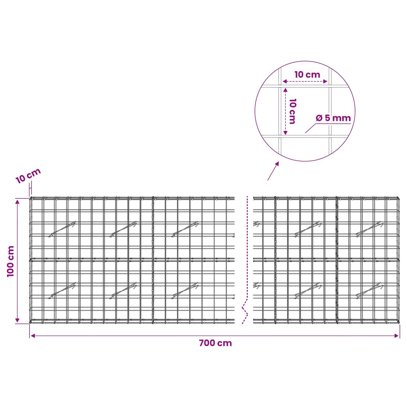 Diagramm eines Drahtgitterpanels, 100 cm hoch und 700 cm breit, mit 10 cm Gitterabstand und 5 mm Drahtdurchmesser in einer vergrößerten Detailansicht dargestellt.