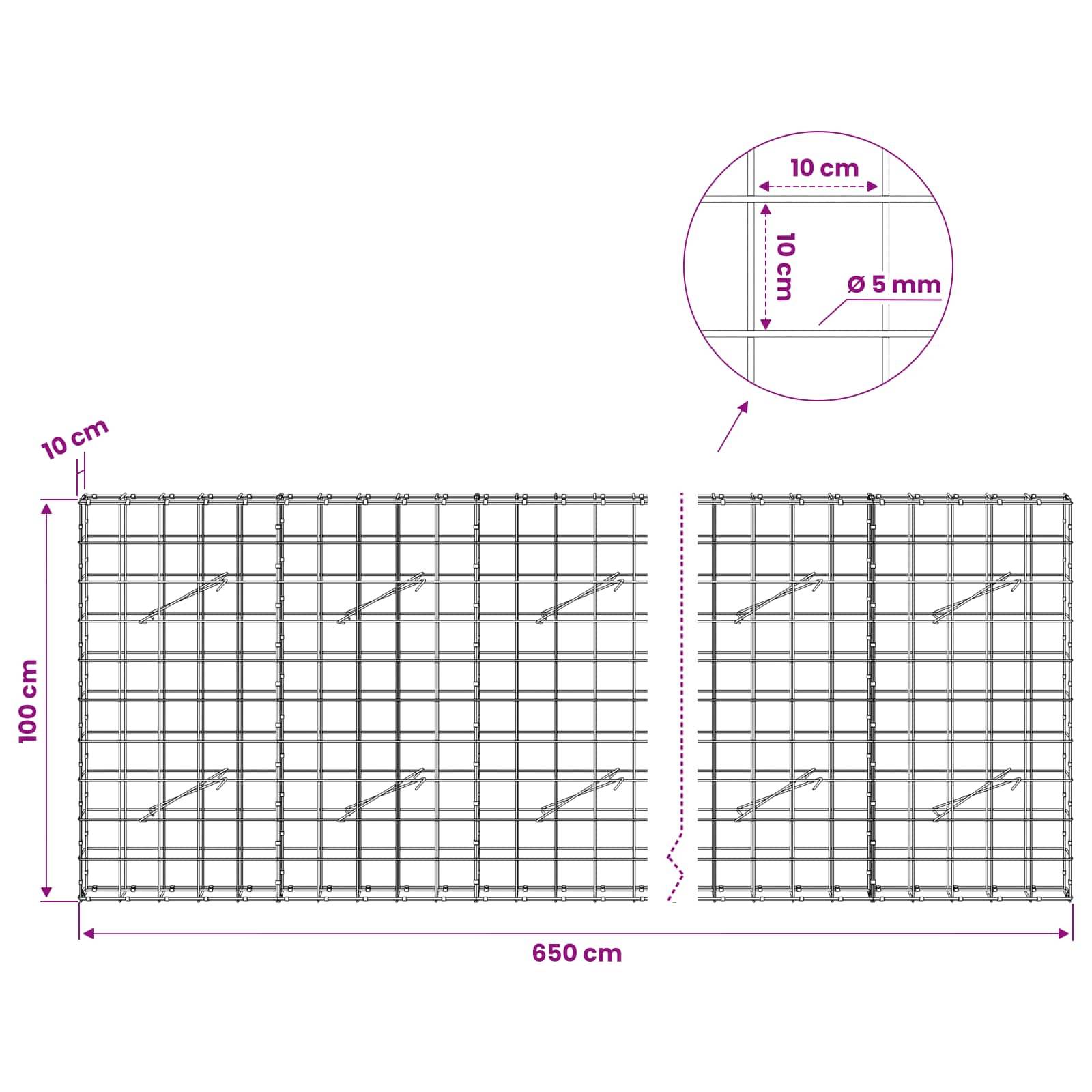 Diagramm von zwei Drahtgitterzaun-Paneelen, die durch einen Bruch geteilt sind, mit einer Gesamtbreite von 650 cm und einer Höhe von 100 cm, mit einem Maschenabstand von 10 cm und einem Drahtdurchmesser von 5 mm in der Vergrößerung.