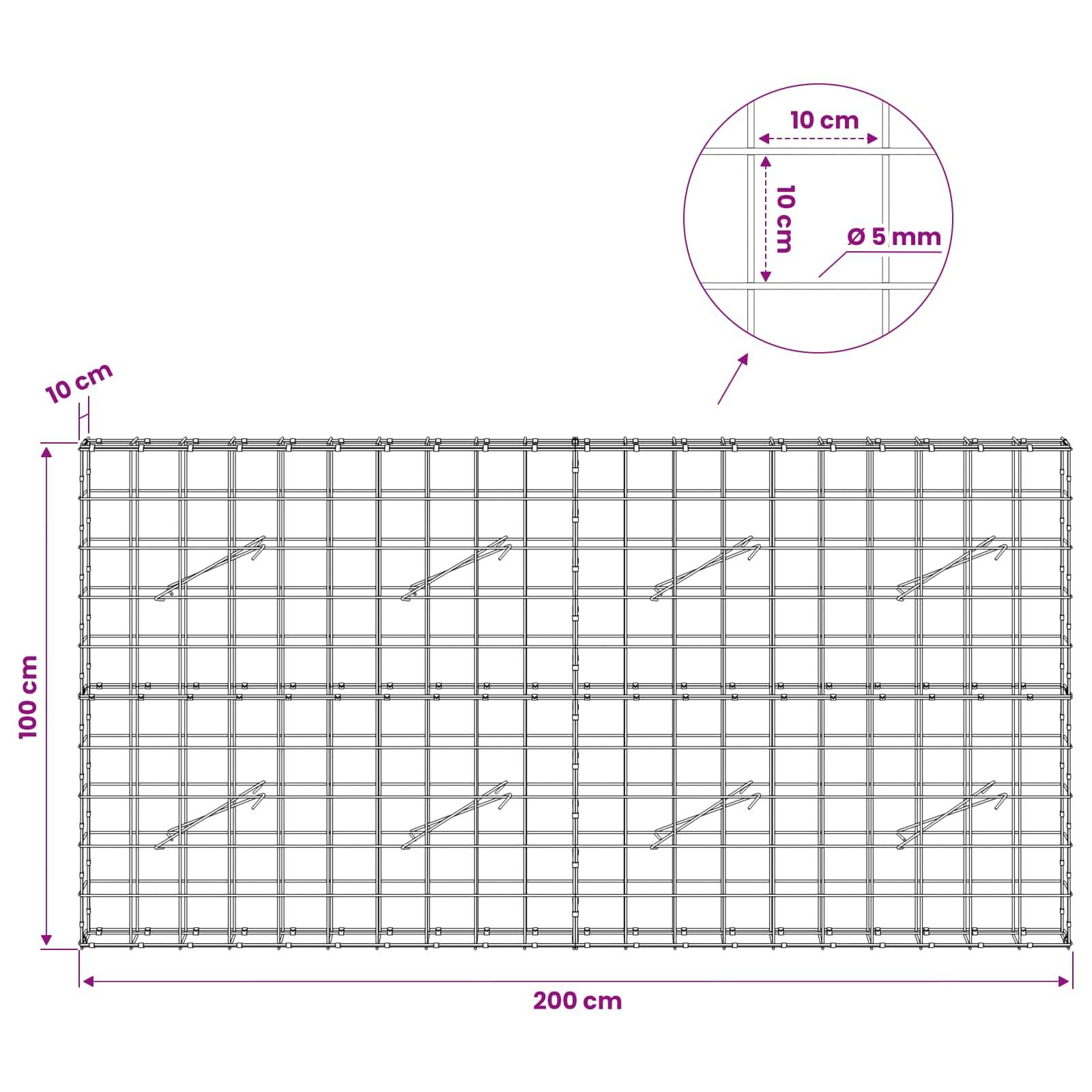 Diagramm eines Drahtgitterpanels mit einer Breite von 200 cm und einer Höhe von 100 cm, mit 10 cm Gitterabstand und 5 mm Drahtdurchmesser.
