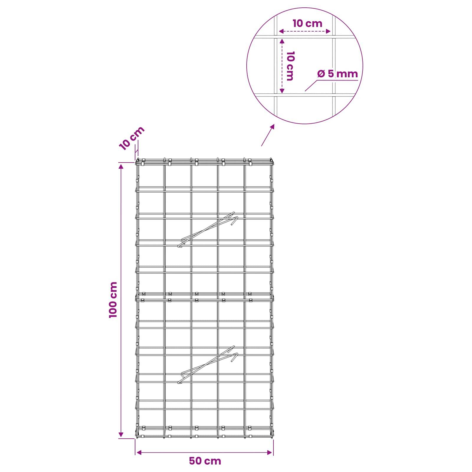 Technische Zeichnung eines Drahtgeflecht-Paneels mit den folgenden Abmessungen: 100 cm Höhe, 50 cm Breite, 10 cm Maschenweite und 5 mm Drahtdicke.