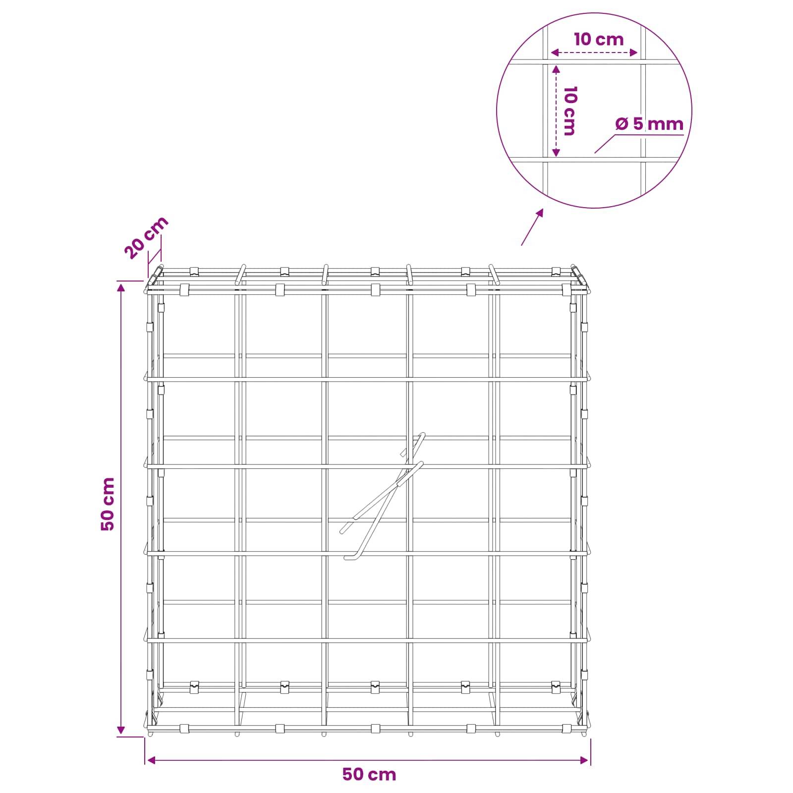 Technisches Diagramm eines quadratischen Drahtgitterpanels mit den Maßen 50 cm × 50 cm × 20 cm Tiefe, mit 10 cm Gitterabstand und 5 mm Drahtdurchmesser.