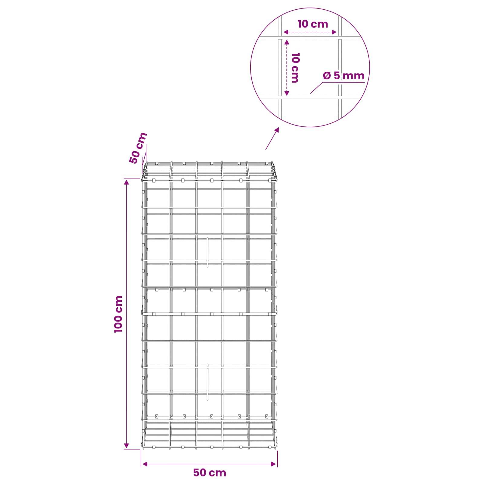 Drahtgitterkorbdiagramm mit Abmessungen: 100 cm Höhe, 50 cm Breite, 50 cm Tiefe, mit 10 cm Gitterabstand und 5 mm Drahtdurchmesser.