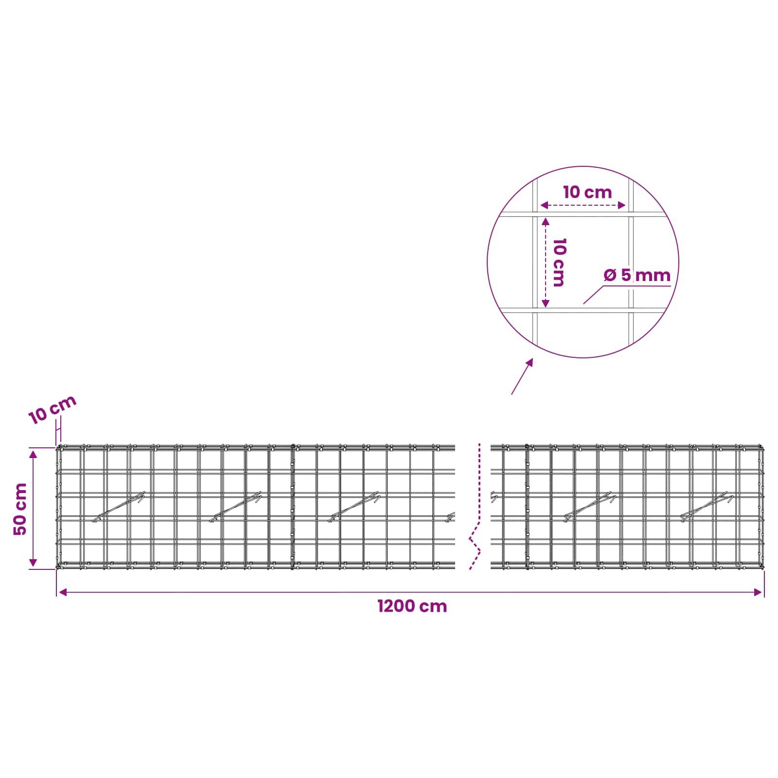 Diagramm eines Drahtgeflecht-Paneels mit den Abmessungen: 1200 cm Länge, 50 cm Höhe, 10 cm Abstände und 5 mm Drahtdurchmesser, mit einer detaillierten Nahaufnahme.