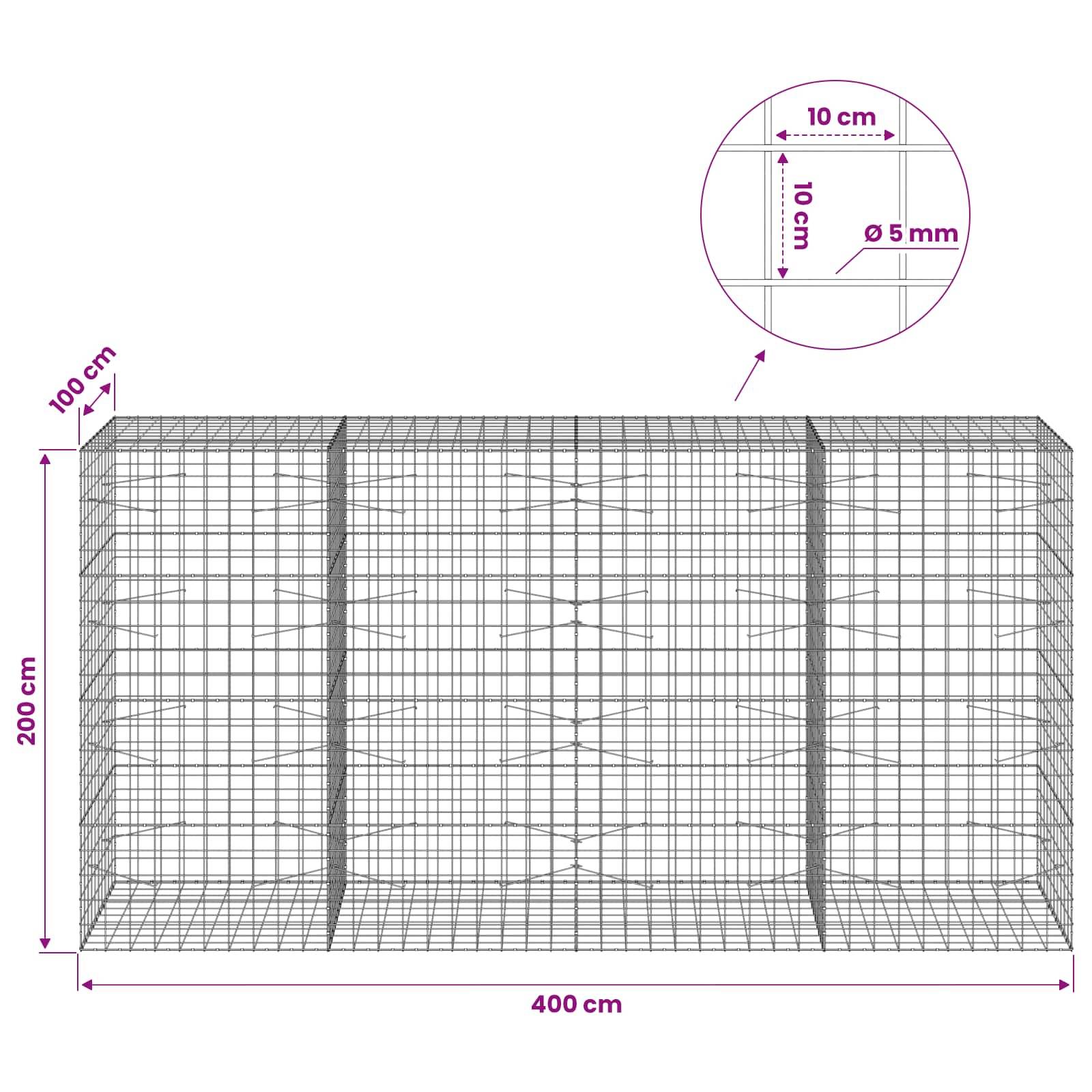 Technisches Diagramm einer Drahtgewebegehäuse, 400 cm lang, 200 cm hoch, 100 cm tief, mit 10 cm Quadratgitter und 5 mm Drahtdurchmesser Einschub.