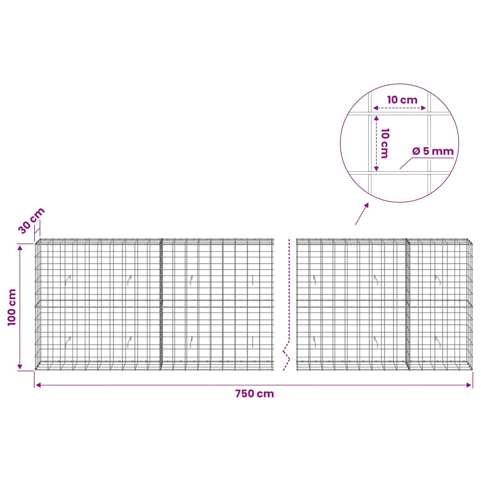 Technisches Diagramm von Drahtgitterpanelen mit folgenden Abmessungen: 750 cm Länge, 100 cm Höhe, 30 cm Tiefe, mit 10 cm Gitterabstand und 5 mm Drahtdurchmesser.