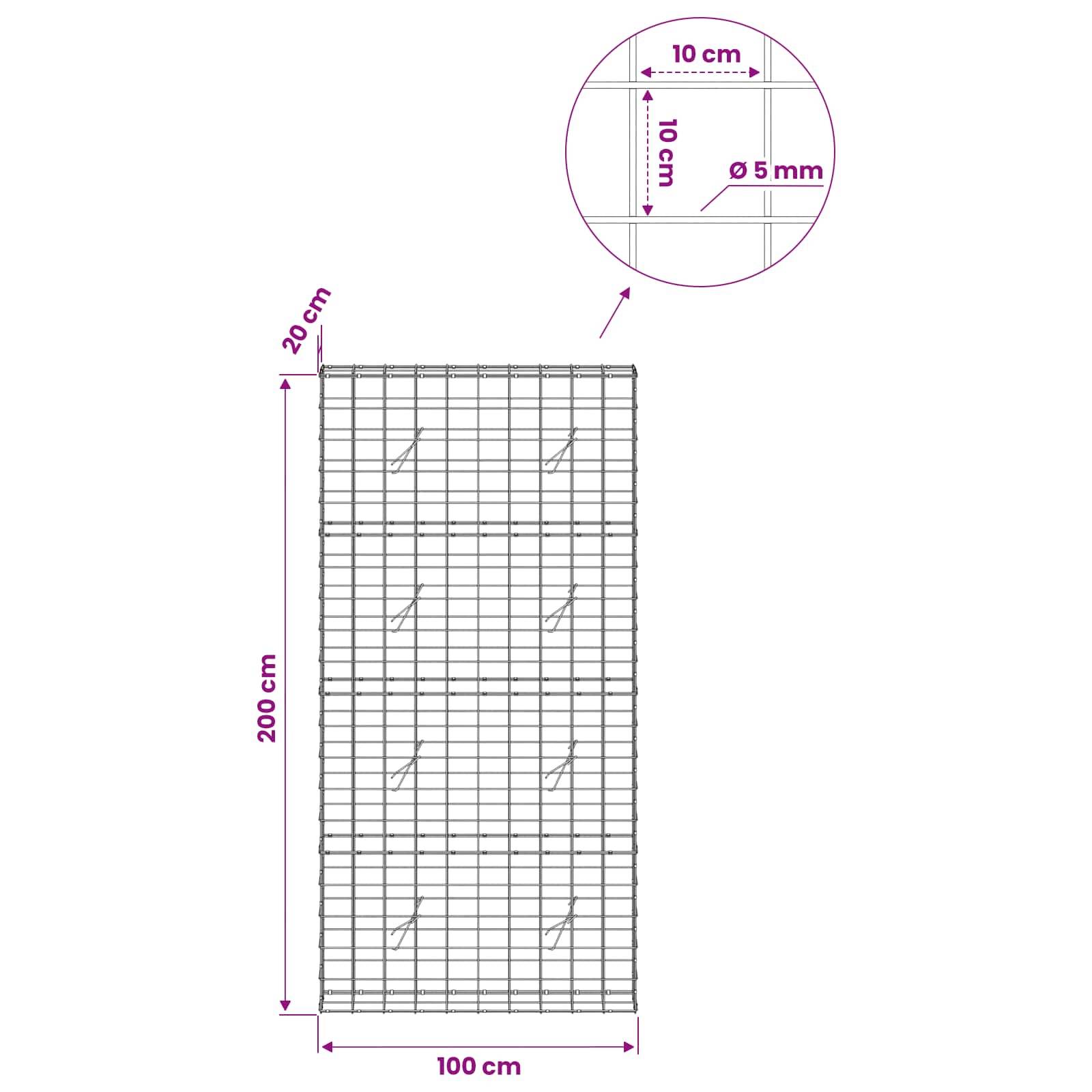 Technische Zeichnung eines rechteckigen Drahtgitterpanels mit den Abmessungen 200 cm Höhe mal 100 cm Breite mit 20 cm oberer Rand; die Detailzeichnung zeigt einen Gitterabstand von 10 cm und einen Drahtdurchmesser von 5 mm.