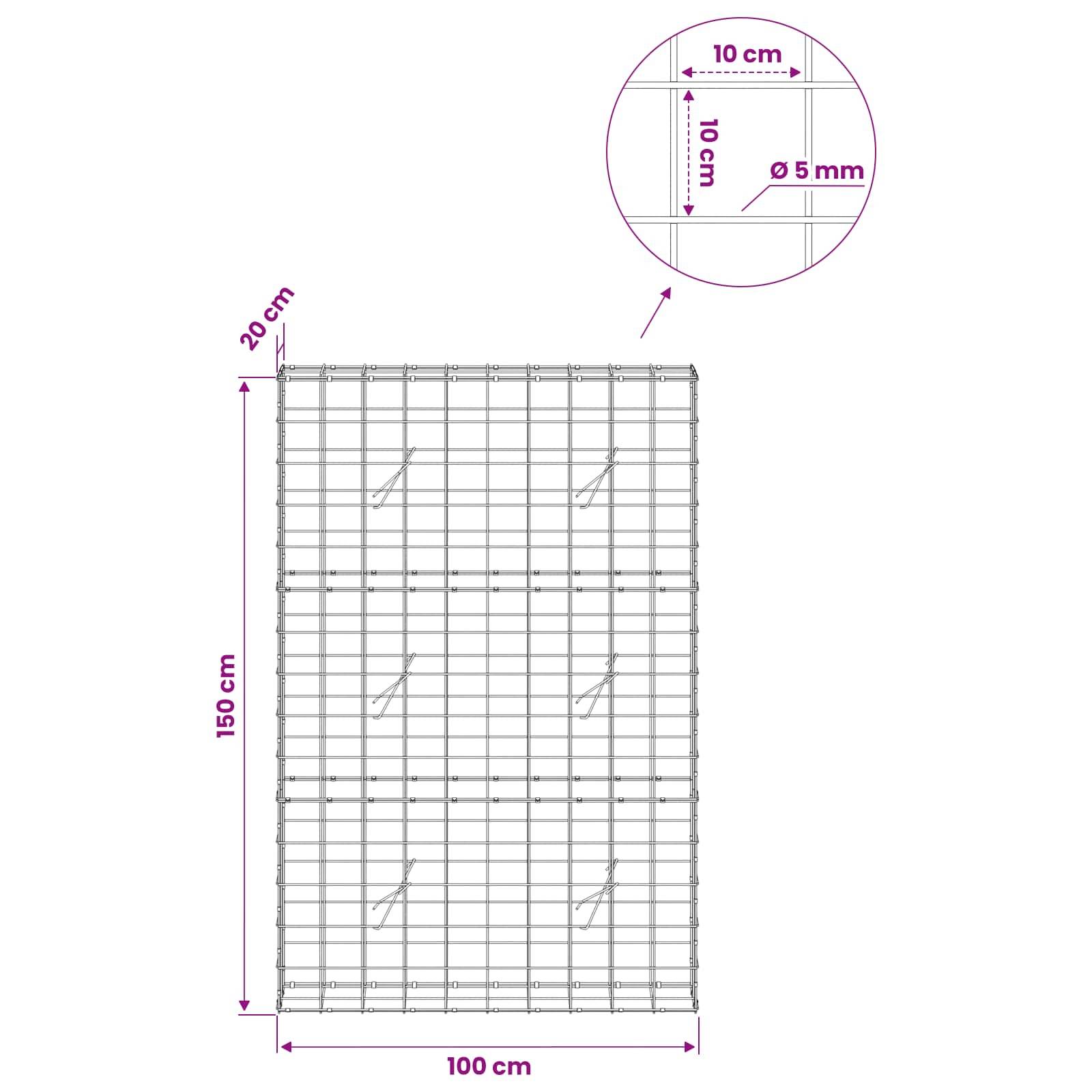 Technisches Diagramm eines Drahtgitterpanels mit Abmessungen: 100 cm Breite, 150 cm Höhe, 20 cm oberer Versatz, mit Nahaufnahme mit Angabe von 10 cm Abstand und 5 mm Drahtdurchmesser.
