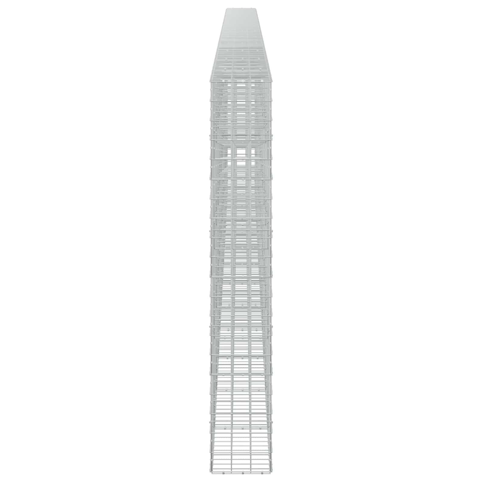 Hohles schmales modernes Hochhaus von vorne gezeigt, mit sich verjüngender Spitze und wiederholten horizontalen Fensterbandern auf weißem Hintergrund.