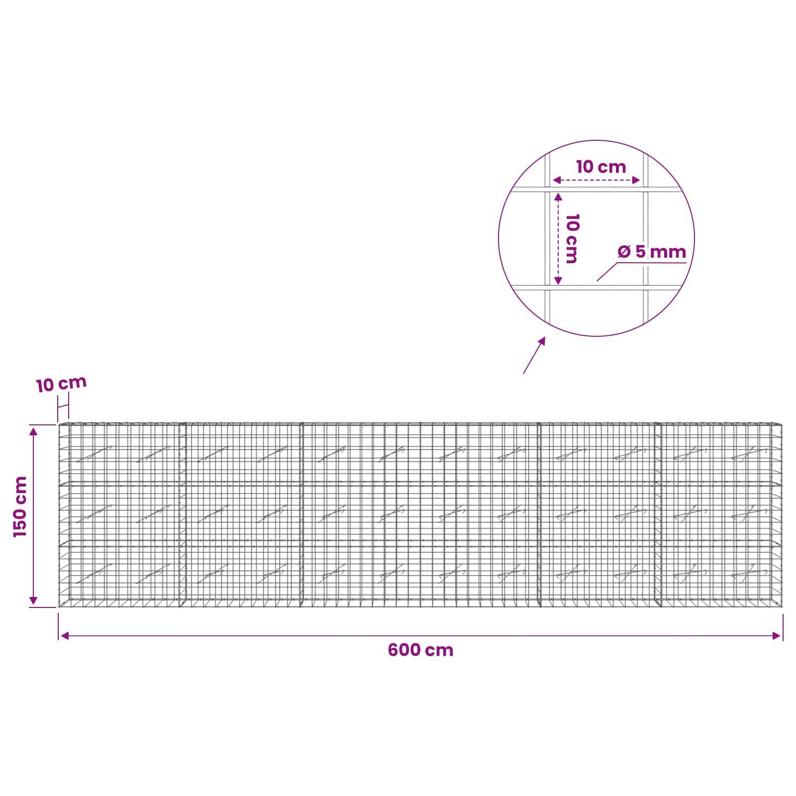 Diagramm eines Drahtgitterpaneels mit den Abmessungen 600 cm x 150 cm, mit 10 cm Quadratraster und 5 mm Drahtdurchmesser in detaillierter Darstellung.