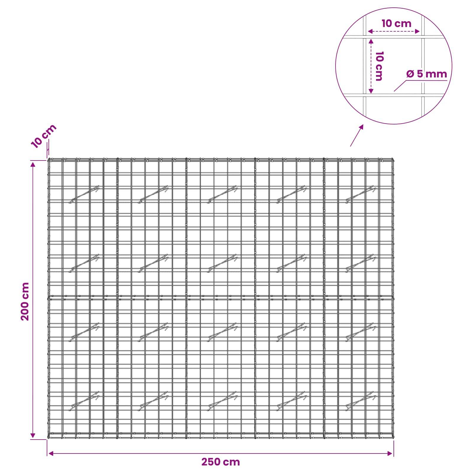 Diagramm einer rechteckigen Gitterpaneel-Fläche mit einer Breite von 250 cm und einer Höhe von 200 cm, mit 10 cm großen quadratischen Abschnitten und Ø 5 mm Draht, dargestellt in einer Detailansicht.