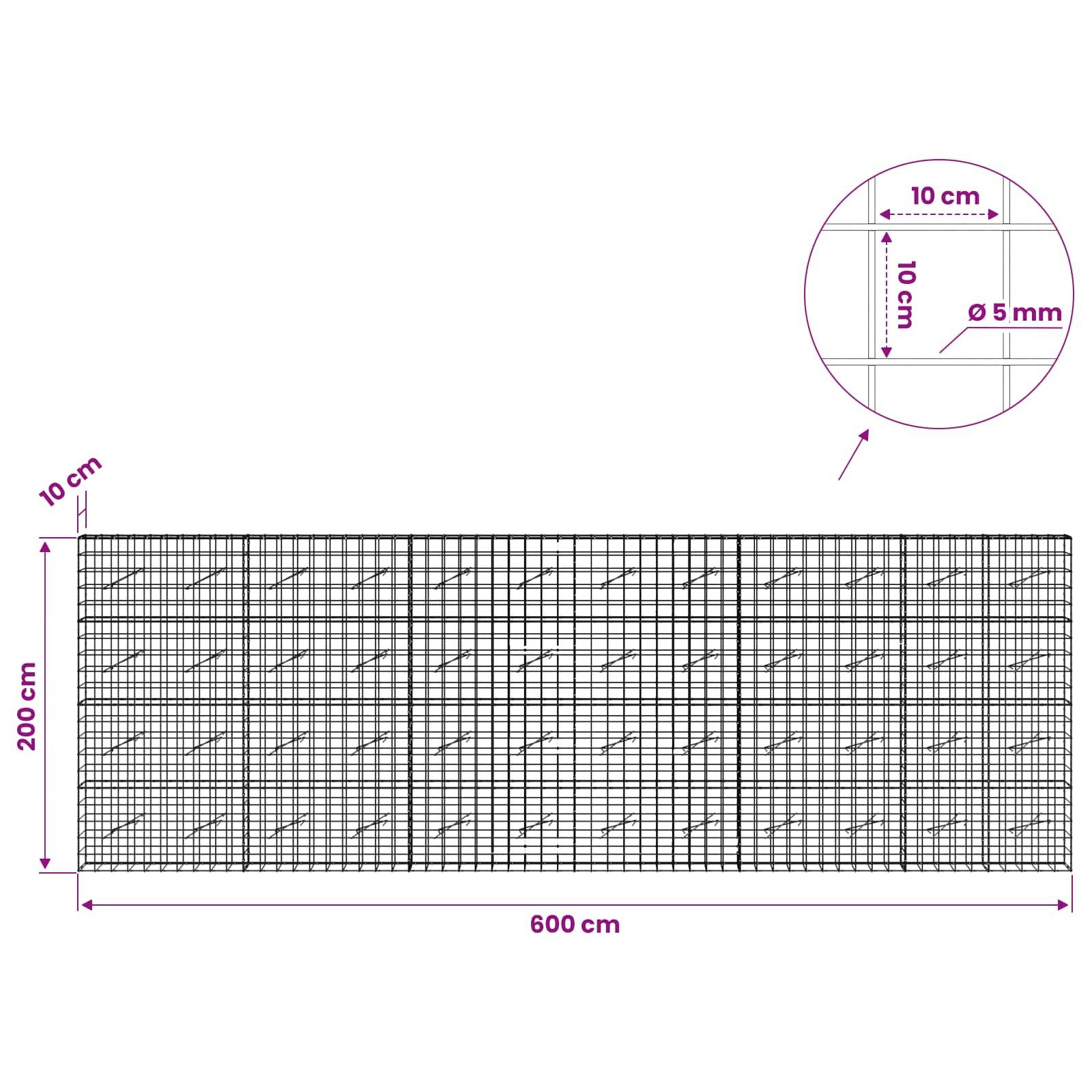Technisches Diagramm eines Drahtgitterpanels mit einer Breite von 600 cm und einer Höhe von 200 cm, mit einem 10 cm großen quadratischen Gitter und einer Detailansicht des Drahtdurchmessers von 5 mm.