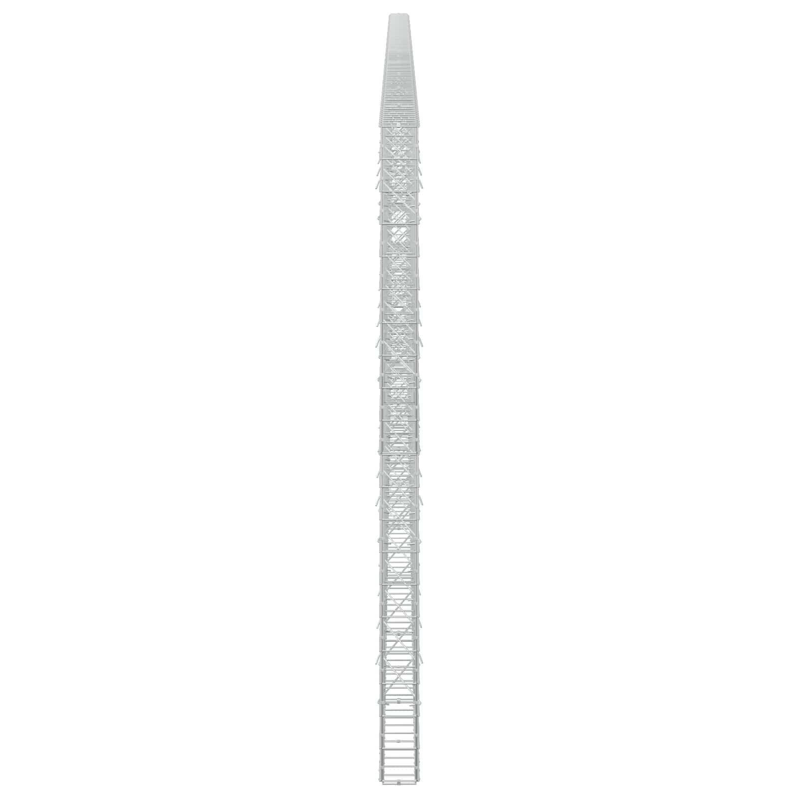 Hoher, schmaler Metallturm oder Mast, zentriert auf einem einfachen weißen Hintergrund, dargestellt als Strukturdiagramm oder Modell.