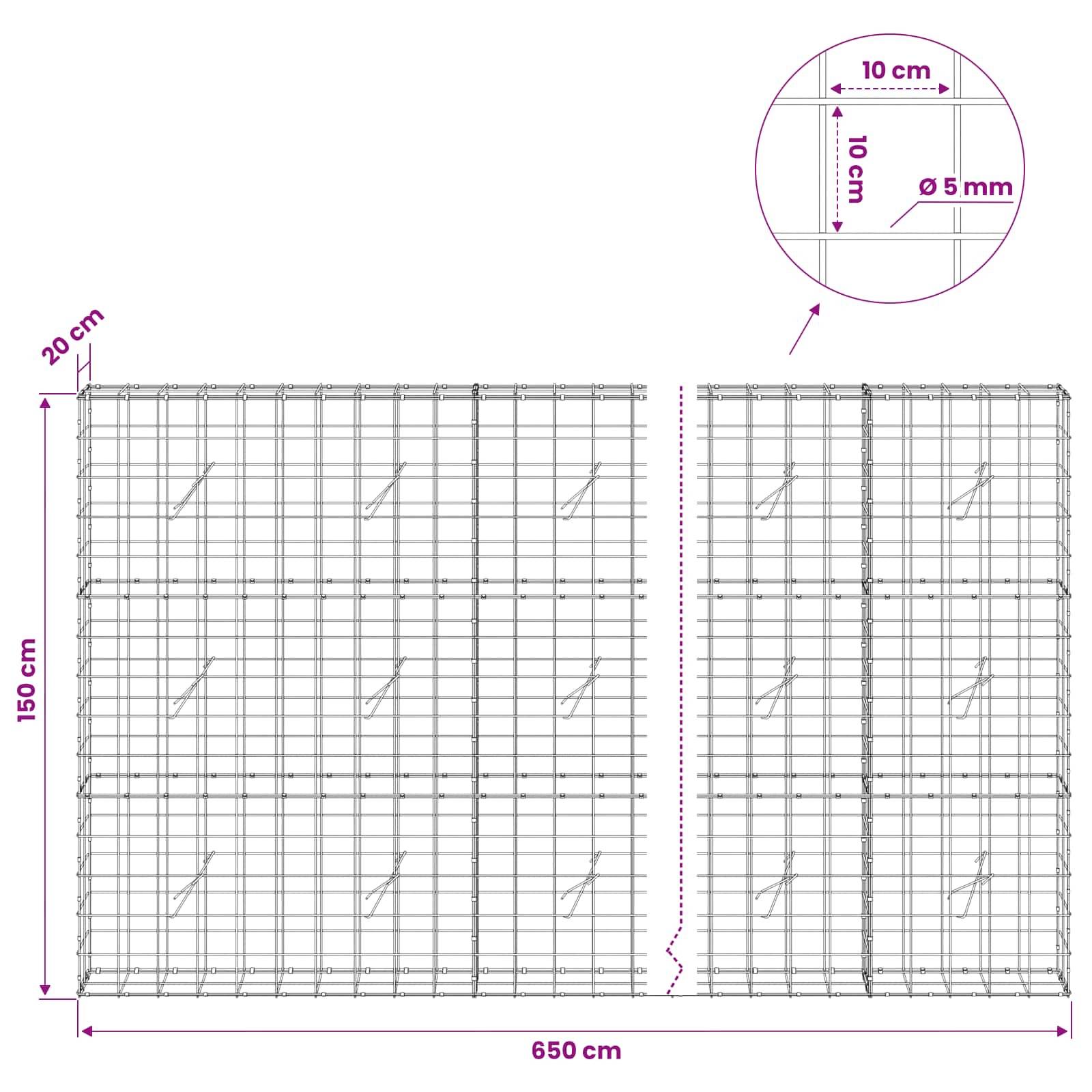 Technisches Diagramm zweier Drahtgitterpanele mit einer Breite von 650 cm und einer Höhe von 150 cm, mit einem Abstand von 20 cm oben und einer Detailzeichnung, die 10 cm große Quadrate und einen Drahtdurchmesser von 5 mm zeigt.