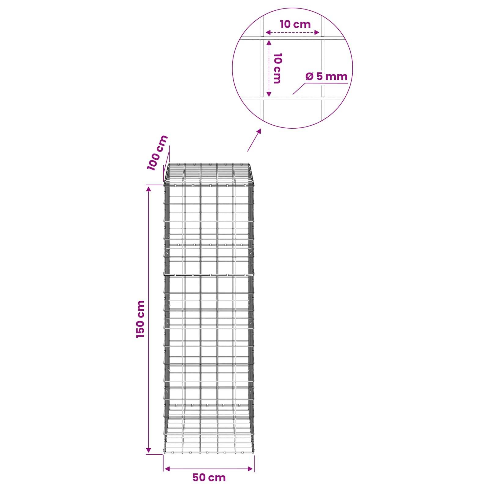 Technisches Diagramm eines Drahtgitters oder Netzpanels mit einer Höhe von 150 cm, einer Breite von 50 cm und einer Tiefe von 100 cm, mit einem Gitterabstand von 10 cm und einem Drahtdurchmesser von 5 mm.