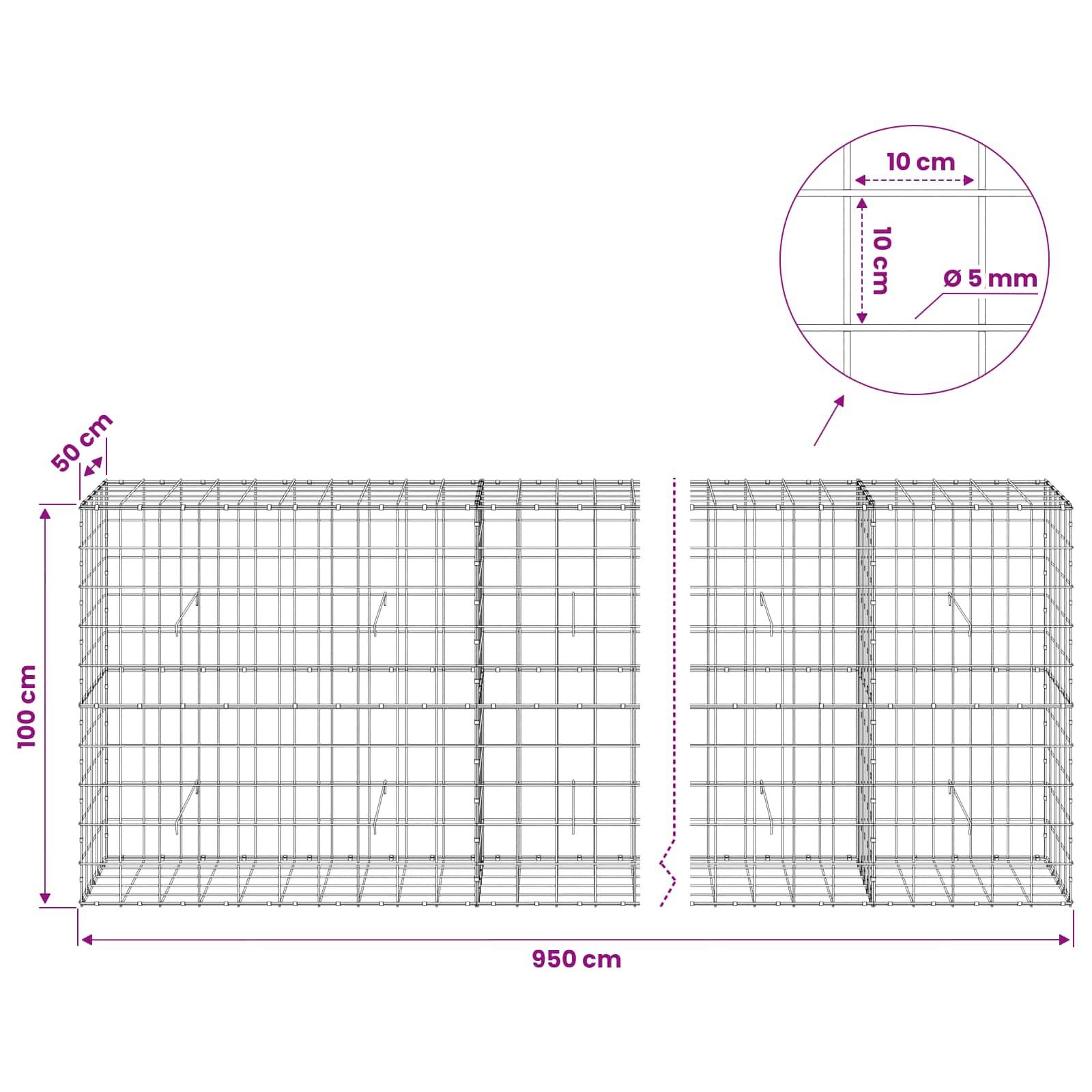 Drahtgitter-Gabionen-Abmessungsdiagramm mit einem 950 cm breiten, 100 cm hohen, 50 cm tiefen Käfig mit 10 cm x 10 cm Maschenweite und 5 mm Draht.