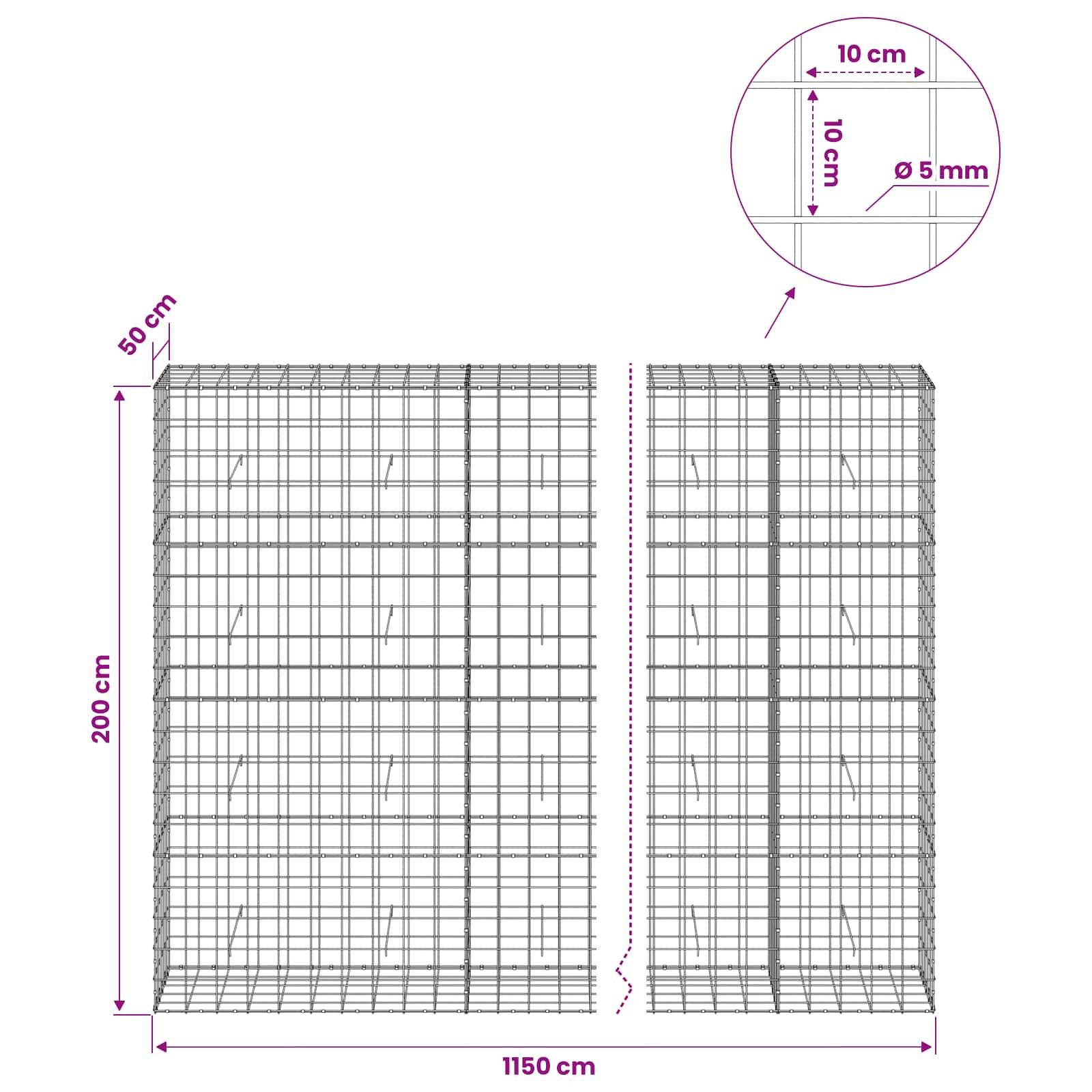 Technisches Diagramm einer Steinkorbwand aus Drahtgeflecht, das eine 1150 cm x 200 cm große Struktur mit 50 cm Tiefe und 10 cm x 10 cm Maschen aus 5 mm Draht zeigt.