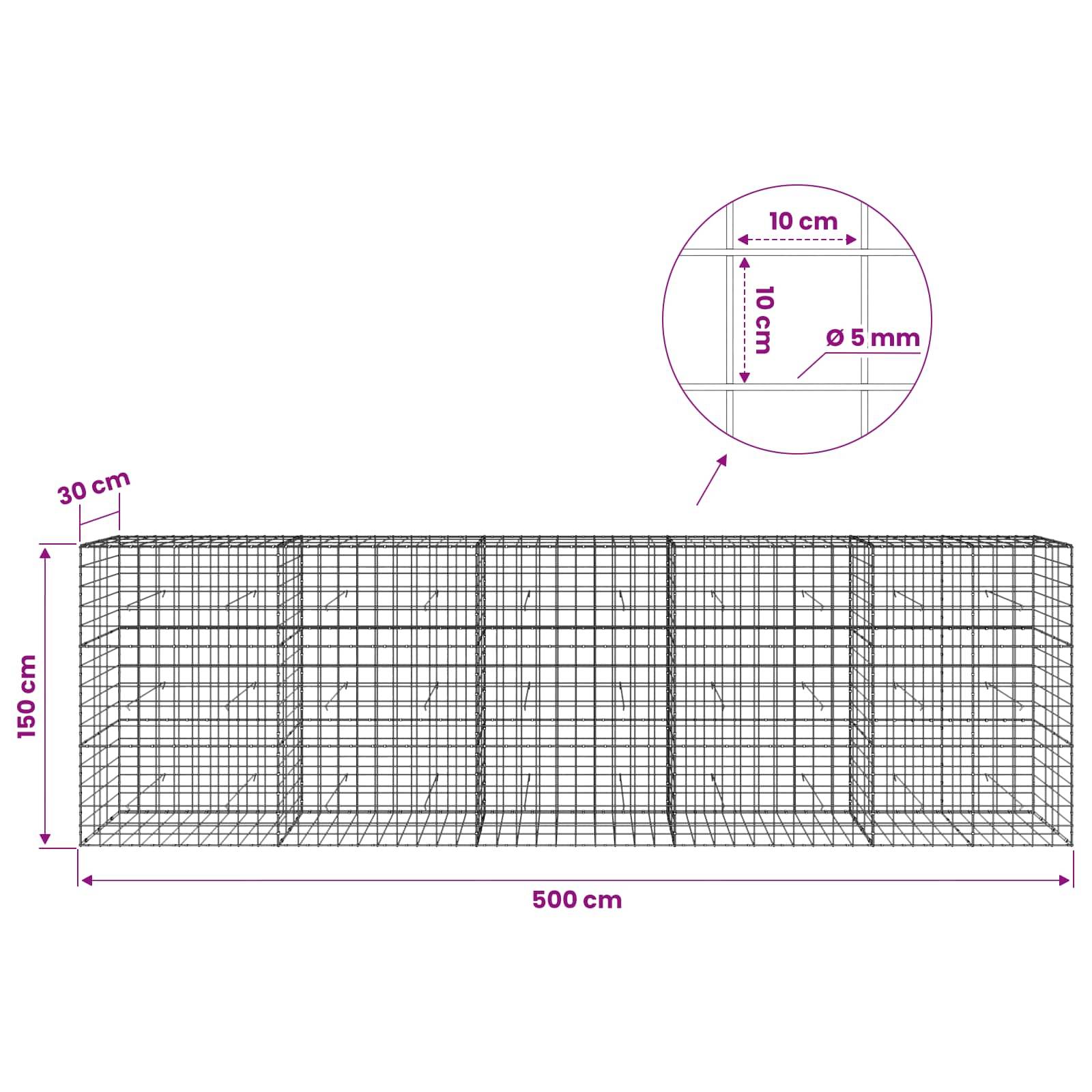 vidaXL Gabion mit 5 mm Draht und 10x10 cm Masche 500x30x150 cm
