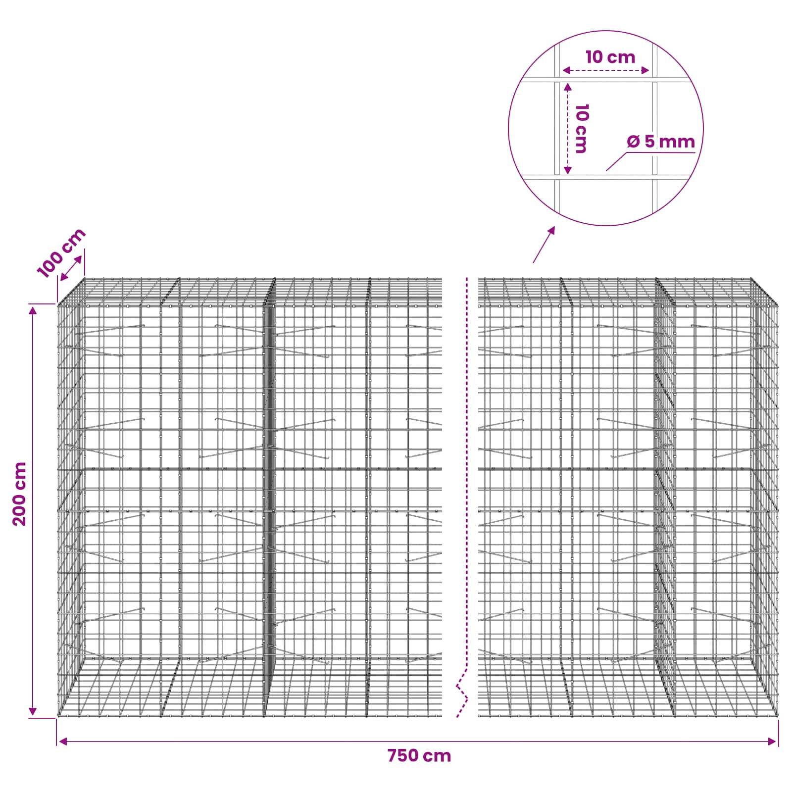 Drahtgeflecht-Schotterkastenmauerwerk-Diagramm mit zwei 200 cm hohen, 100 cm tiefen Abschnitten, 750 cm Gesamtlänge, 10 cm Maschenweite und 5 mm Drahtdurchmesser.