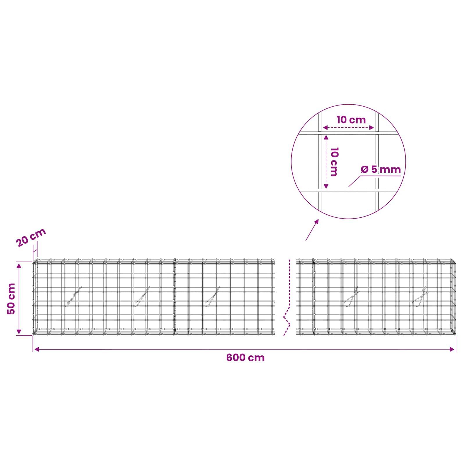 Diagramm von Drahtmeshpanelen mit einer Gesamtgröße von 600 cm x 50 cm, einem Endabschnitt von 20 cm und einer Maschenöffnungsdetail von 10 cm x 10 cm mit einem Drahtdurchmesser von 5 mm.