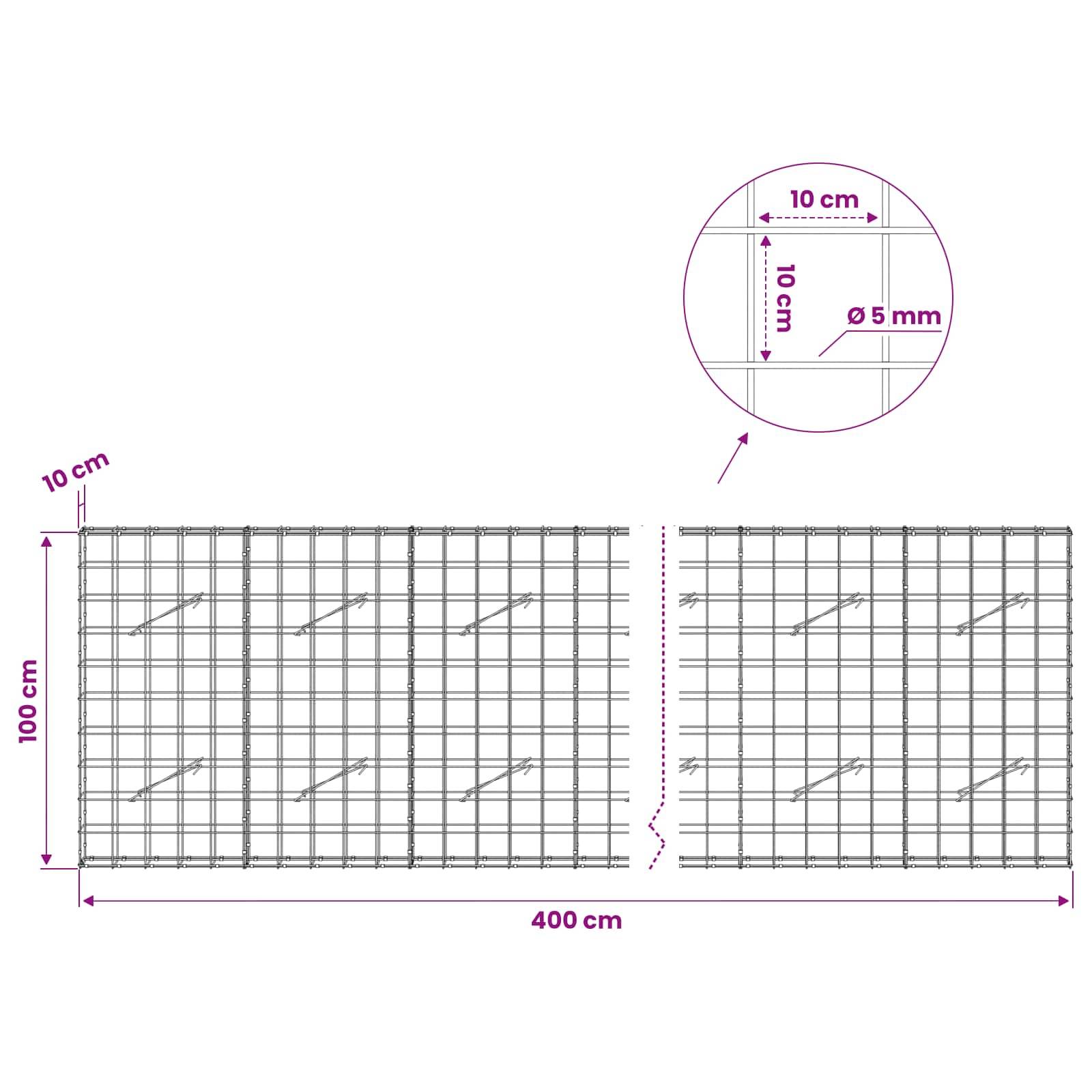 Technisches Diagramm eines Drahtgitterpanels mit Abmessungen: 400 cm breit, 100 cm hoch, 10 cm Kantenabstand und 5 mm Drahtdurchmesser, mit einer 10 cm Gitterdetail-Vergrößerung.
