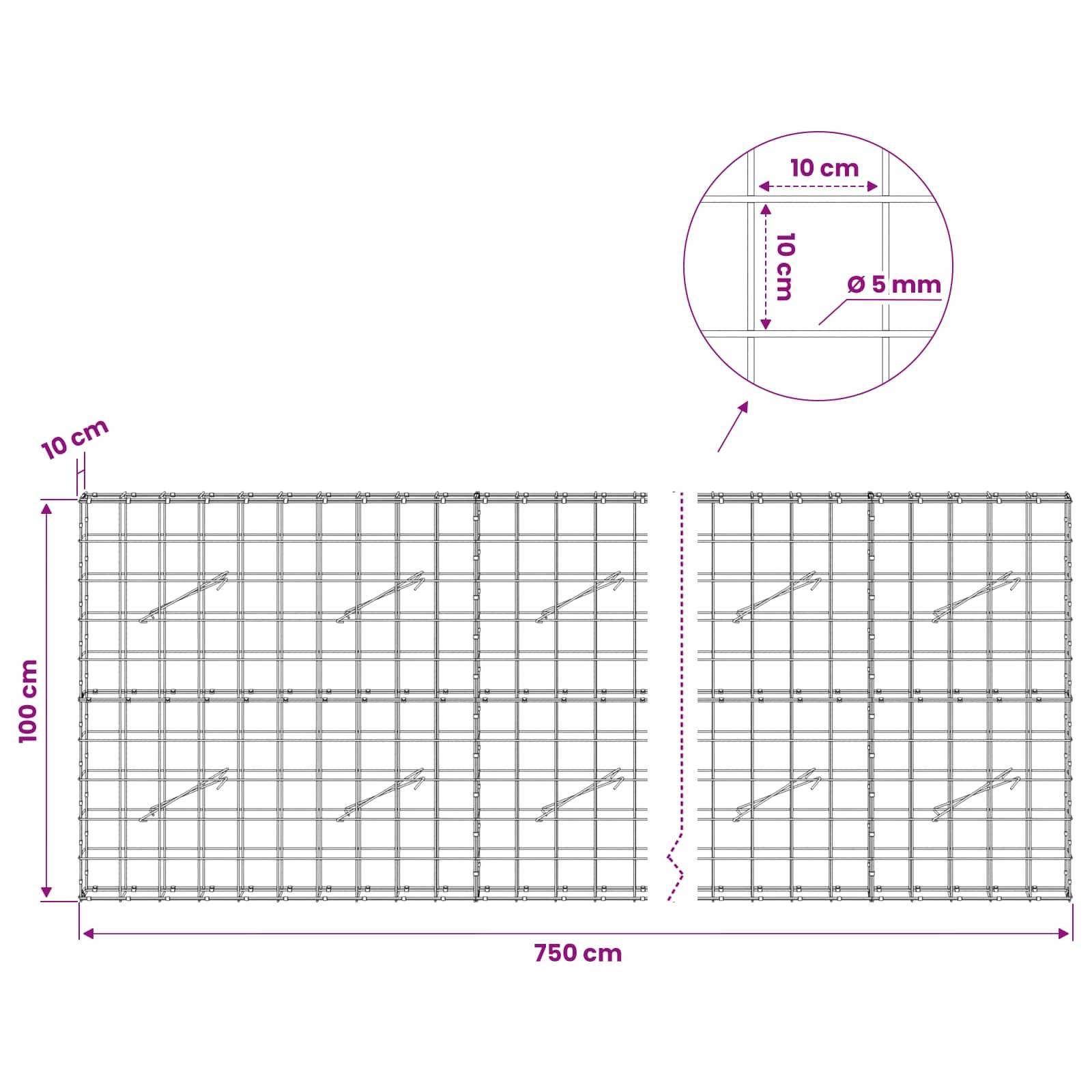 Technische Zeichnung von zwei Drahtgitterzaun-Paneelen mit 10 cm Maschenweite, 100 cm Höhe und 750 cm Gesamtlänge; Ausschnitt zeigt 10 cm x 10 cm Gitter mit 5 mm Drahtdurchmesser.
