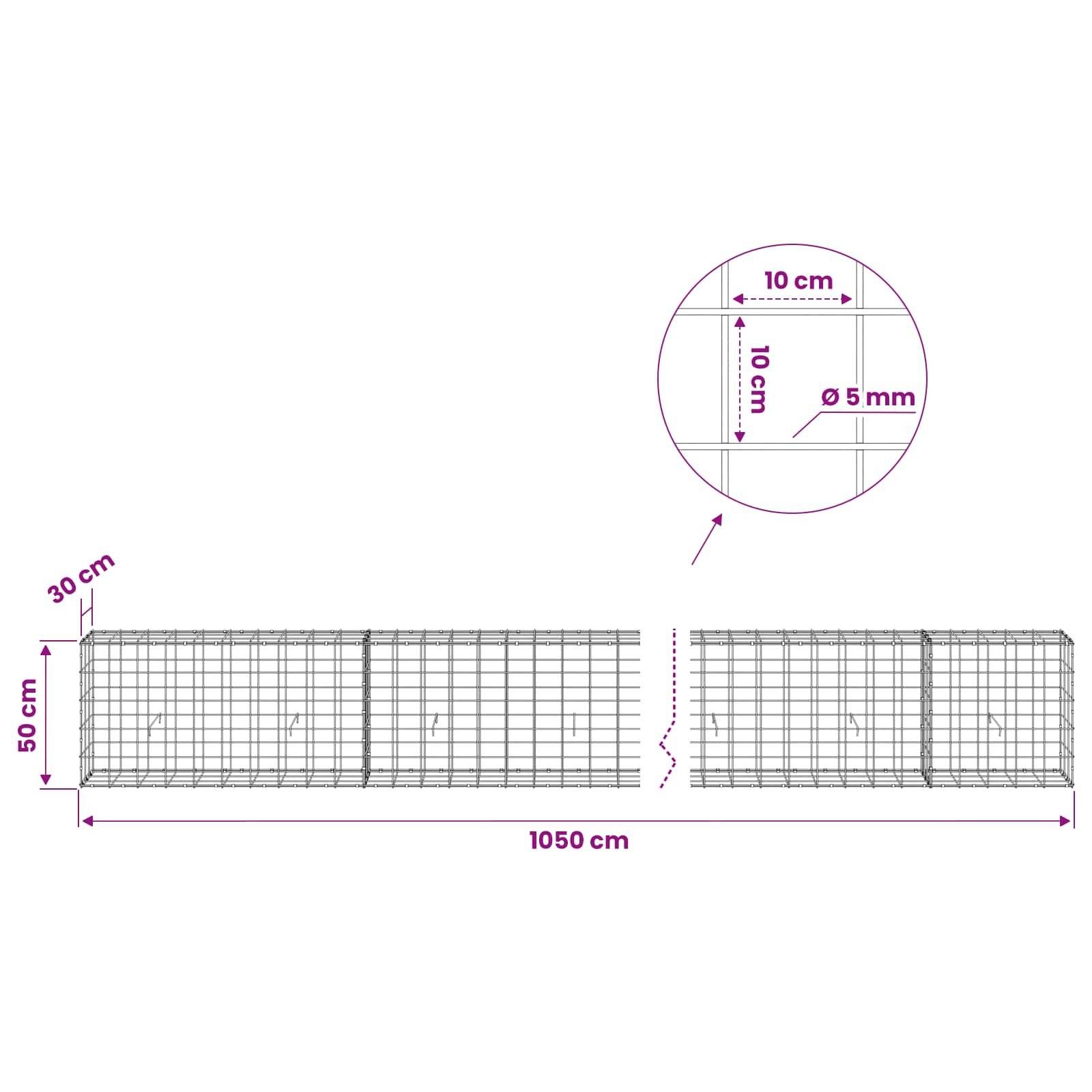 Technische Zeichnung eines Drahtgeflecht-Paneels, 1050 cm lang und 50 cm hoch, mit 30 cm Endabschnitt und 5 mm Drahtabstand; Detailansicht zeigt 10 cm mal 10 cm Rasterfeld.